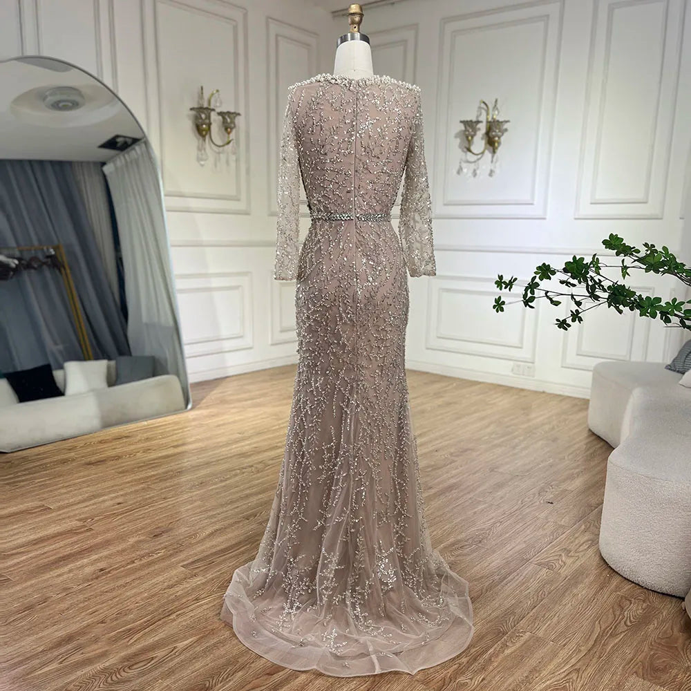Luxury Dubai Pearls Beaded Elegant Arabic Mermaid Evening Dress for Women - Wedding, Party, Gala & Special Occasions | Serene Hill LA72361