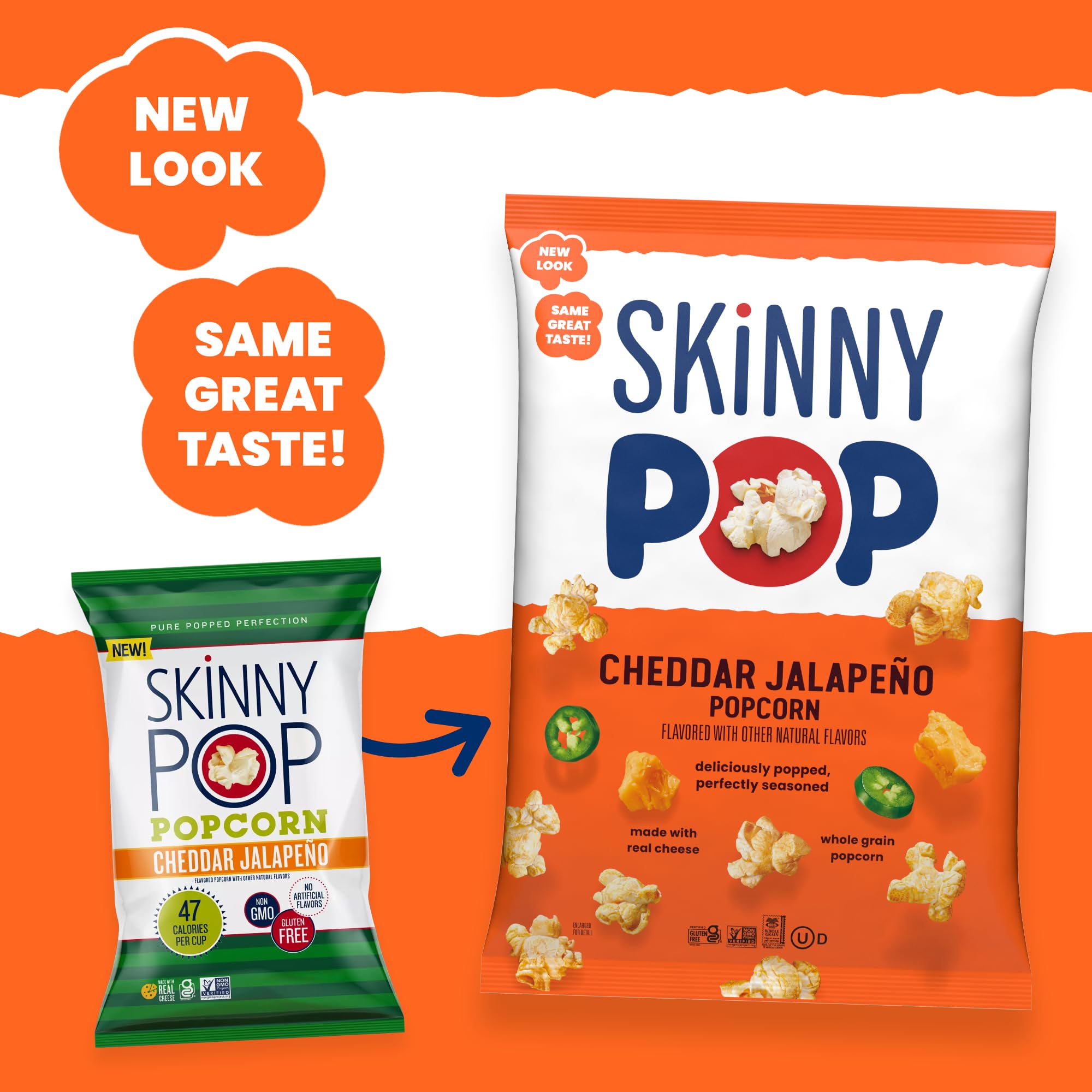 SkinnyPop Cheddar Jalapeno Popcorn - 4.4oz Grocery Size Bags | Gluten Free, Low Calorie Snack | Perfect for Movie Nights, Office Snacks & Healthy On-the-Go Treats