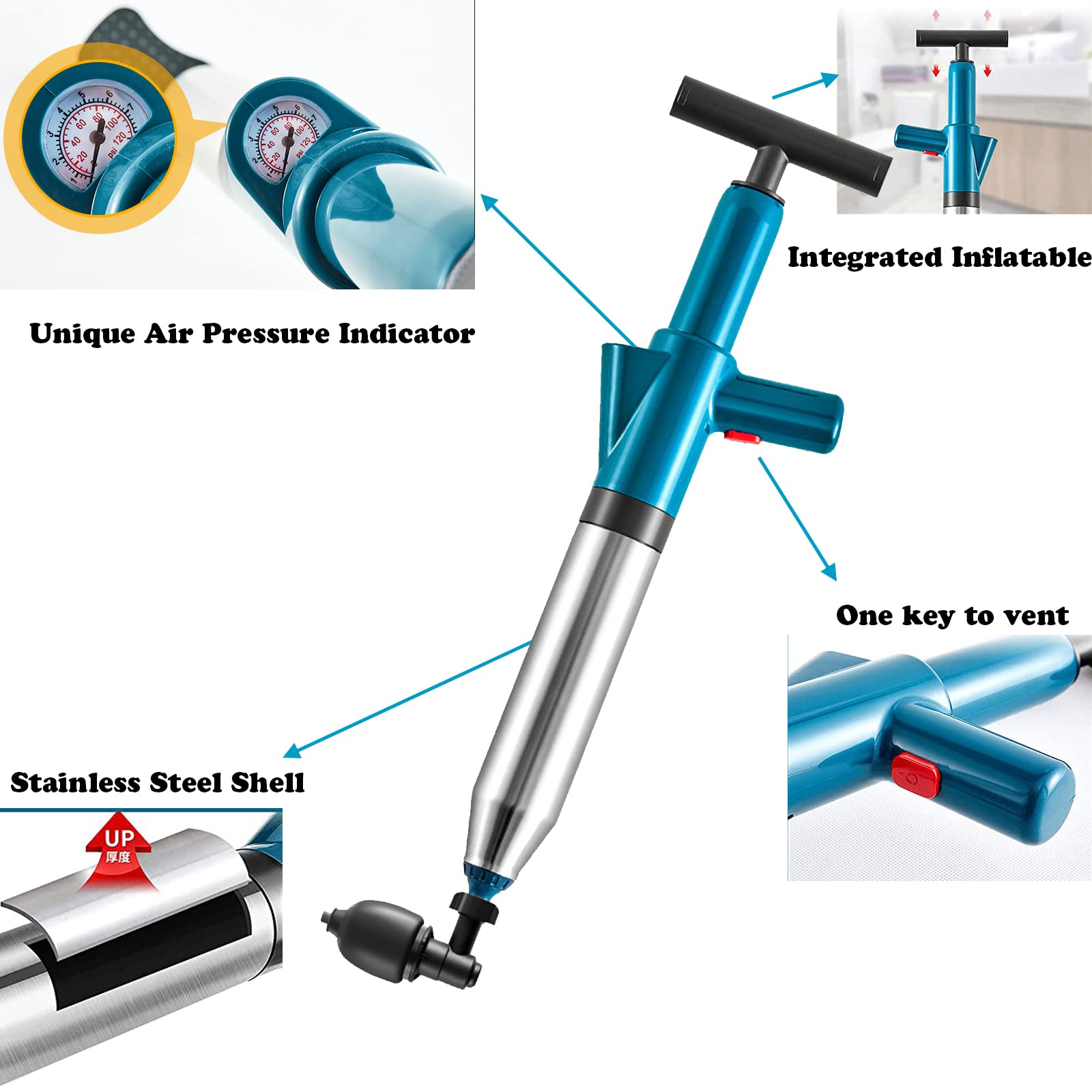 **Powerful Manual Air Pressure Toilet Drain Blaster Plunger - High Pressure Dredge Tool for Clogged Toilet, Sink, Bathroom & Kitchen Floor Drain - Ideal for Sewer Pipe and Plumbing Cleaning**    *(Perfect for Home, RV, and Commercial Use - Quickly Unclog Drains Without Harsh Chemicals!)*