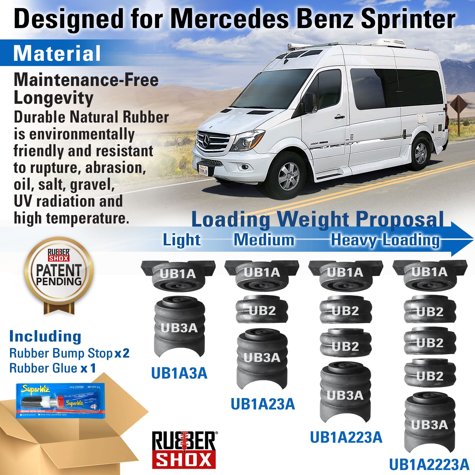 RubberShox Modular Natural Rubber Rear Bump Stop for Mercedes Benz Sprinter 2500/3500 | Heavy Duty Suspension Upgrade | 8000 lbs Load Capacity at 50% Compression (7