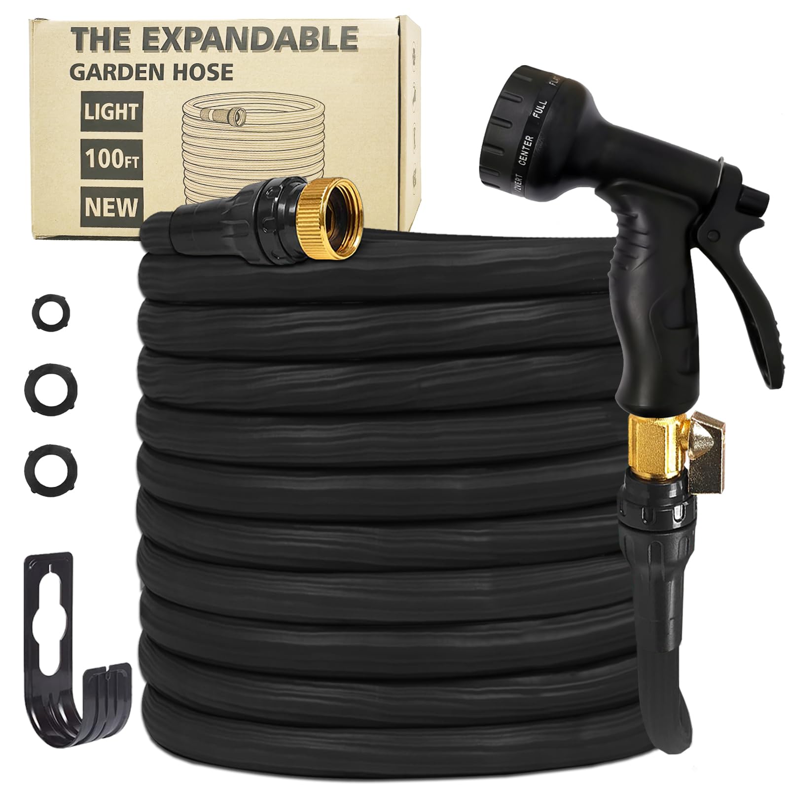 100ft Expandable Garden Hose with 10-Function Spray Nozzle - 3/4 Inch Solid Brass Fittings, Lightweight & Leakproof Water Hose for Outdoor Watering, Lawn Care, Car Washing & Gardening - Easy Storage & Portable Black Hose