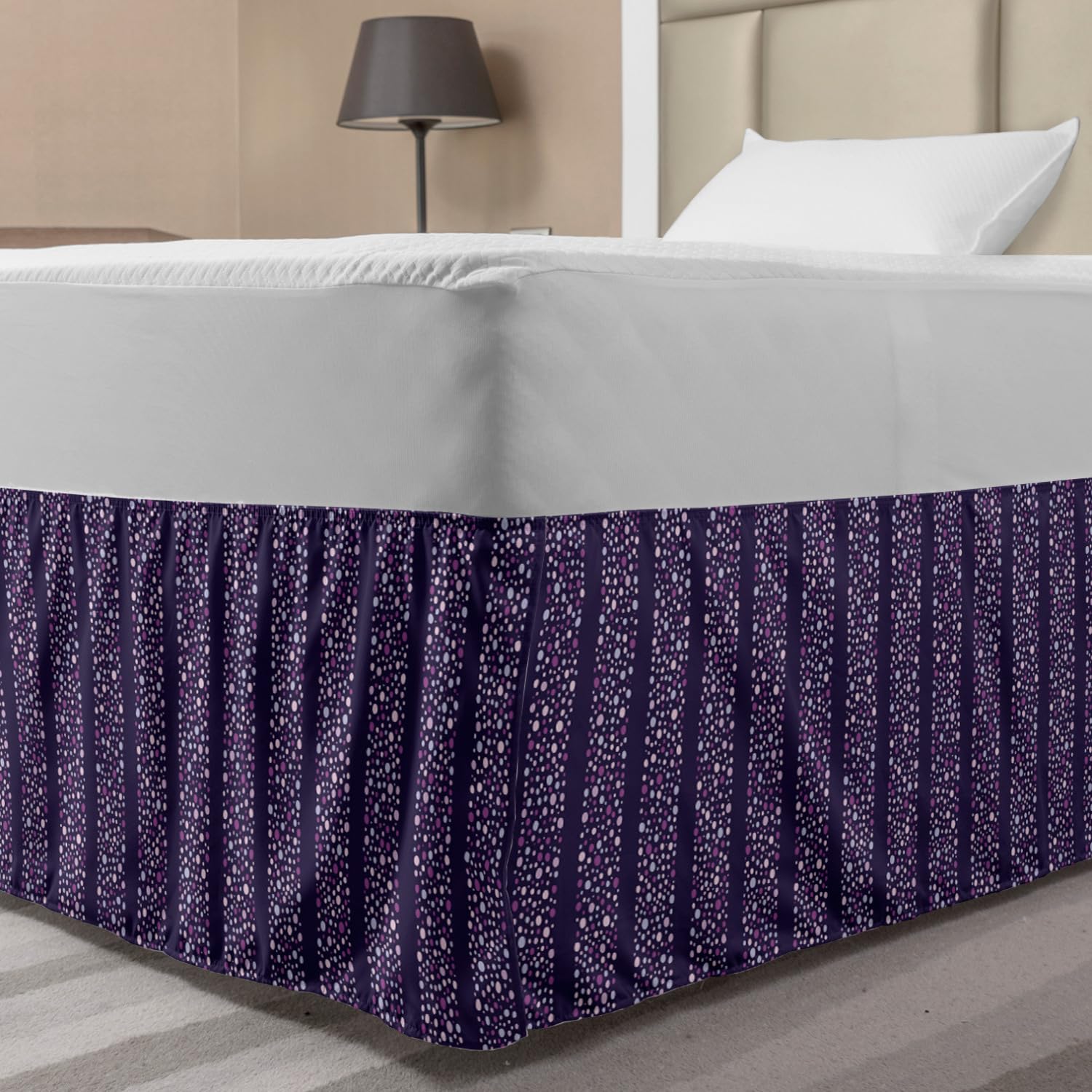 Ambesonne Abstract Bed Skirt - Violet Tone Bubbles Vertical Wide Bands, Elastic Wrap Around Bedroom Decor, Gathered Design for Full Size Bed in Quartz Mauve - Perfect for Modern Bedroom Styling & Guest Room Decor