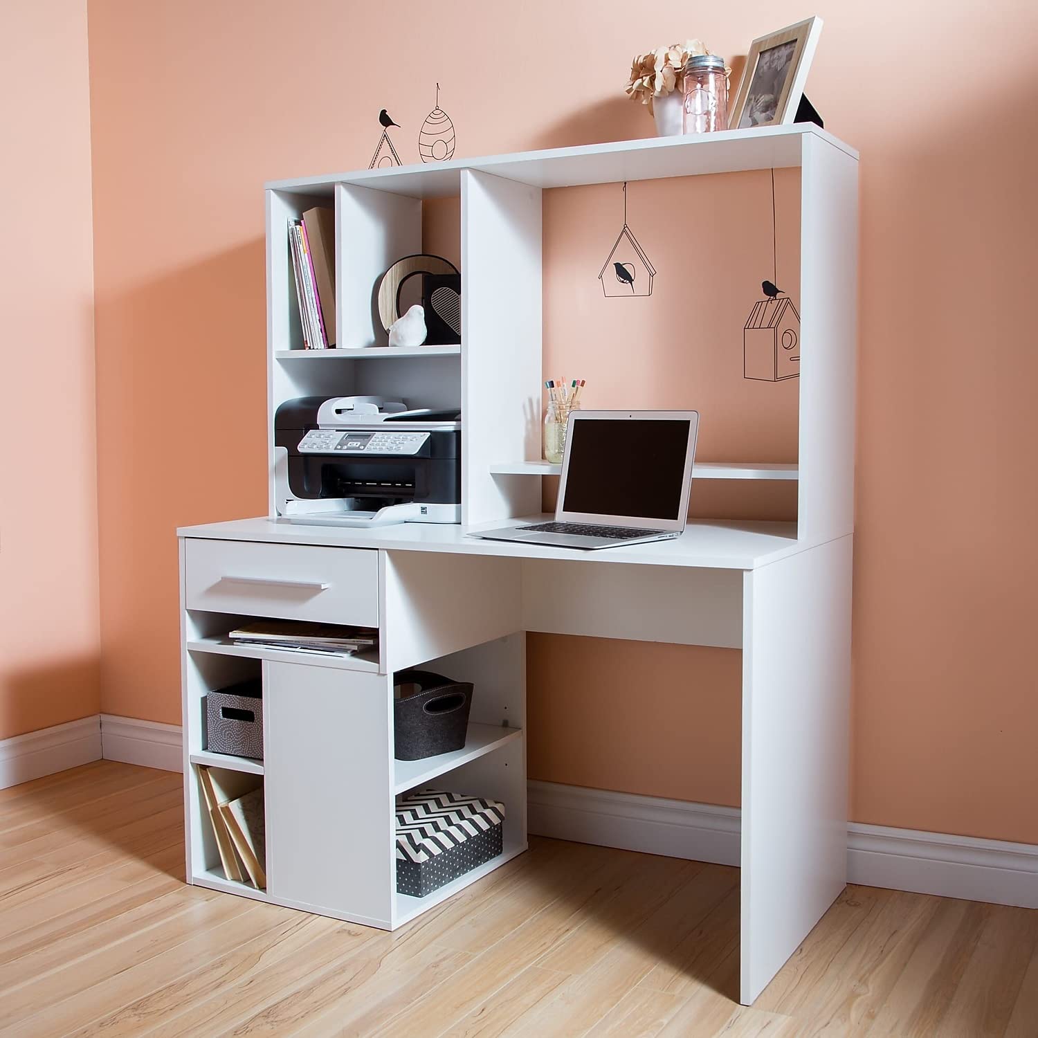 South Shore Narrow Home Office Computer Desk with Hutch, Pure White - Compact Space-Saving Workstation for Small Rooms, Apartments & Dorm Rooms