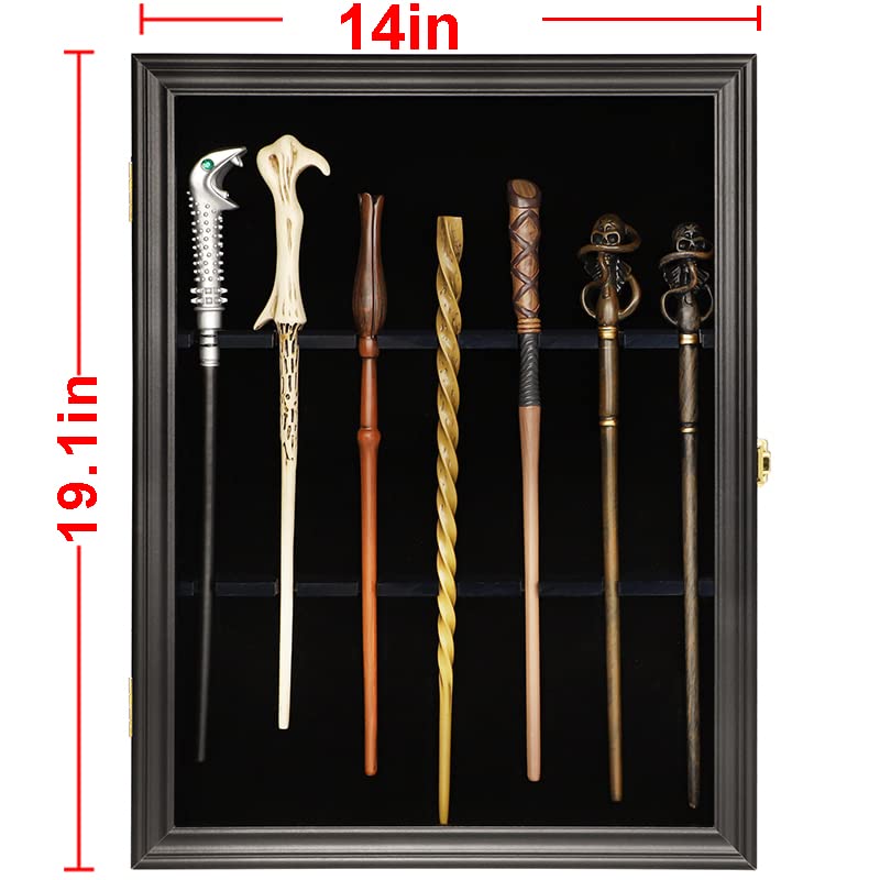 Magic Wand Display Case - Universal Wall Mount Stand for 7 Wands, Lockable Vertical/Horizontal Hanging Wooden Rack (Black) | Perfect for Harry Potter Collections, MagiQuest Games & Witchcraft Decor