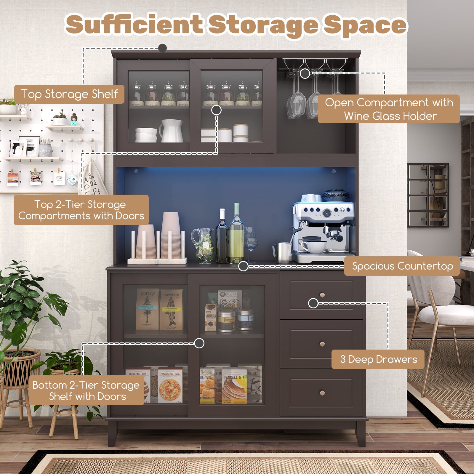 Costway 3-Tier Kitchen Pantry Storage Cabinet with LED Lights & Power Outlet - White Organizer for Spices, Food & Small Appliances - Perfect for Pantry, Garage & Laundry Room Organization