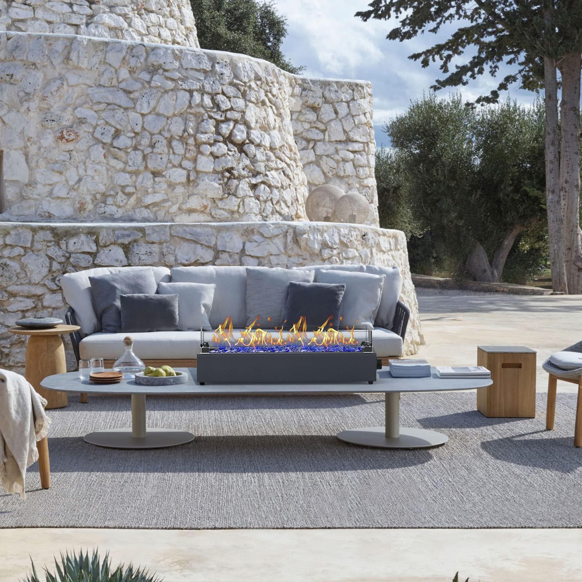 28-Inch Tabletop Propane Fire Pit - 40,000 BTU Outdoor Portable Fireplace with Windproof Glass Shield & Decorative Glass Rocks, Carbon Gray - Perfect for Patio, Deck, Backyard, and Camping Gatherings