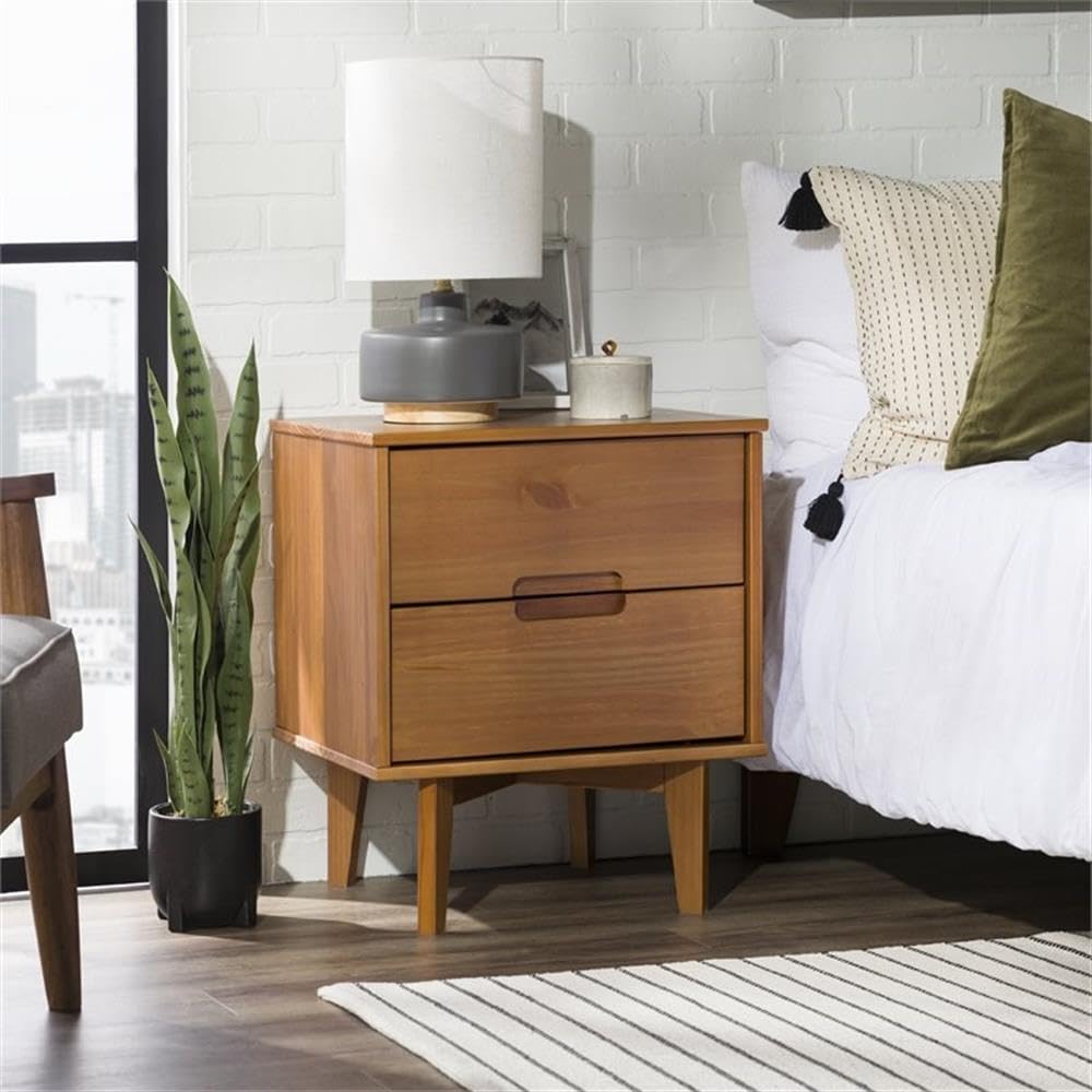 Walker Edison Mid Century Modern Wood Nightstand - 2 Drawer Bedside Table with Grooved Handle, Storage Shelf & Drawer, Caramel Finish - Perfect for Bedroom, Living Room, or Office Use