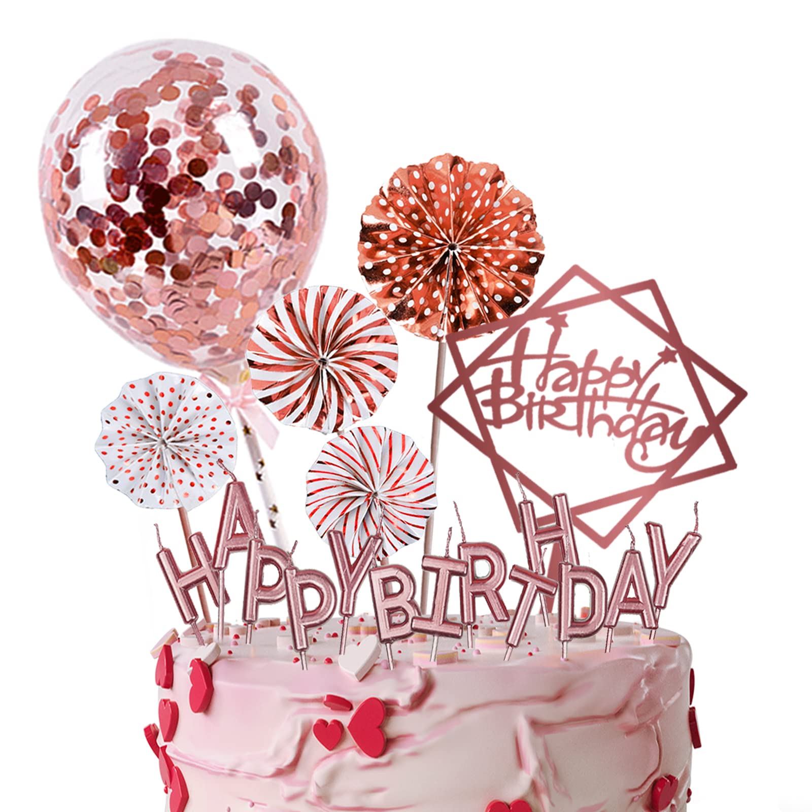 Rose Gold Happy Birthday Cake Topper Set - Acrylic Cake Decorations with Candles, Confetti Balloons & Paper Fans for Women's Birthday Party Decorations | Perfect for Rose Gold Themed Celebrations, Bridal Showers & Baby Showers
