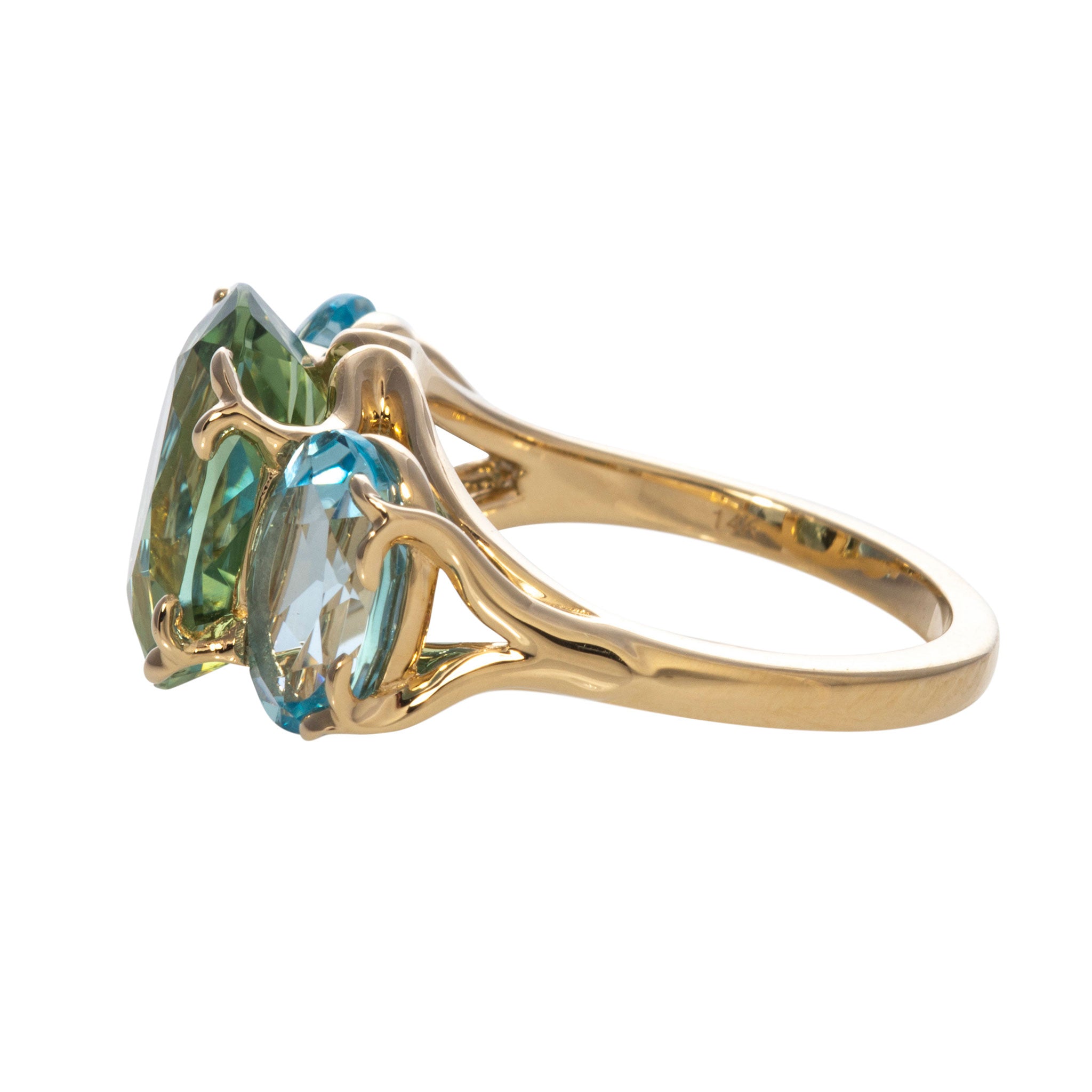 14K Gold Green Tourmaline & Blue Topaz River Ring for Women - Elegant Stackable Jewelry for Everyday Wear, Gift for Her, Wedding, Anniversary & Special Occasions