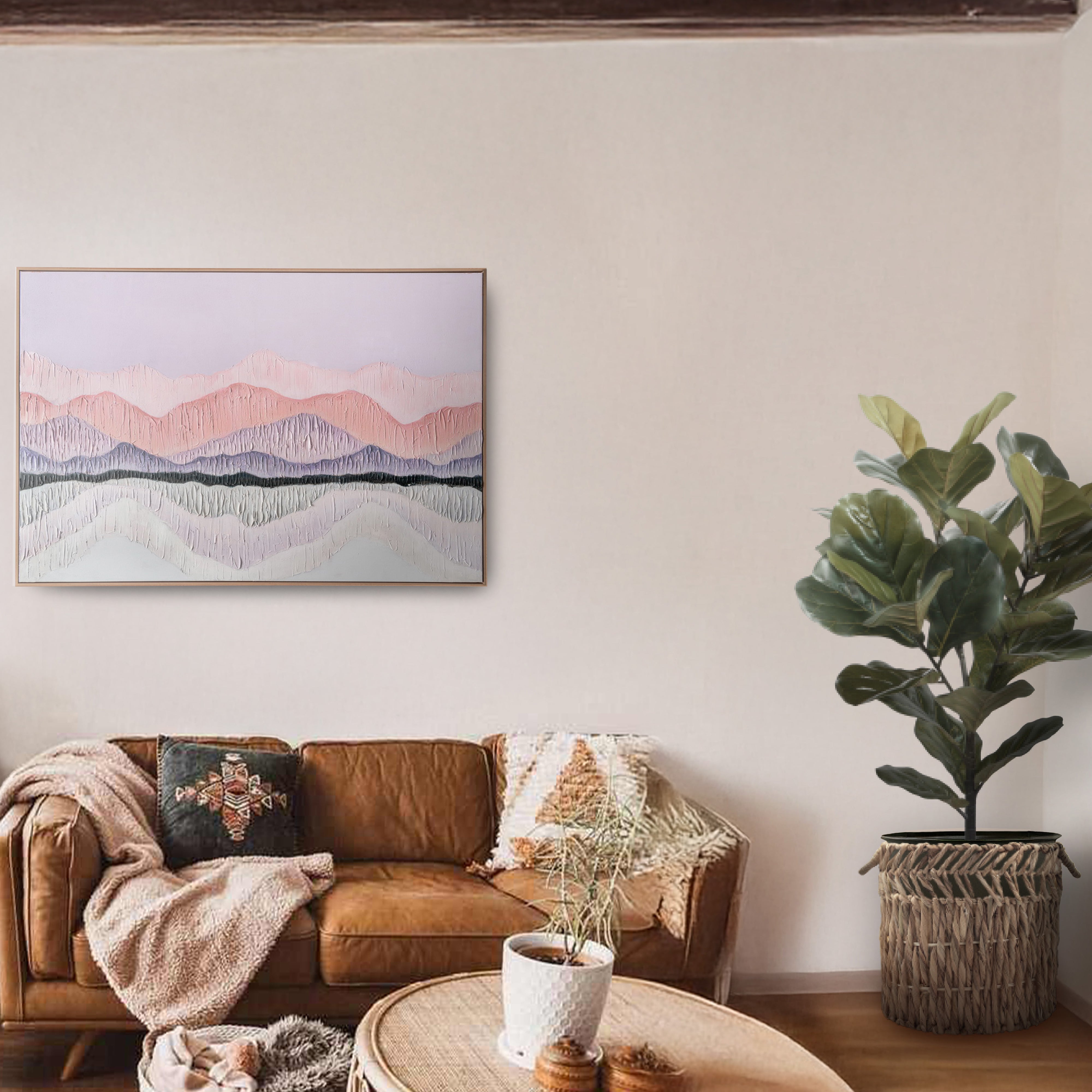 Urban Style Brushmarks Oil Painting - Textured Pink Landscape Wall Art for Living Room & Bedroom Decor