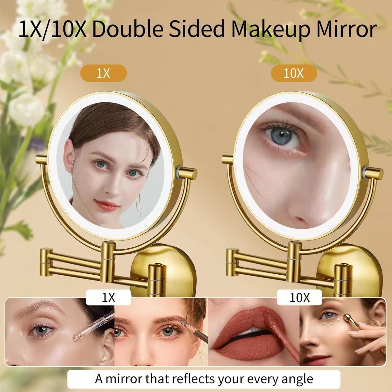 10X Magnifying Wall Mounted Makeup Mirror - 8 Inch Double Sided Vanity Mirror with LED Lights, USB Rechargeable, Touch Control (Antique Brass) - Perfect for Bathroom, Bedroom & Dressing Room Makeup Application
