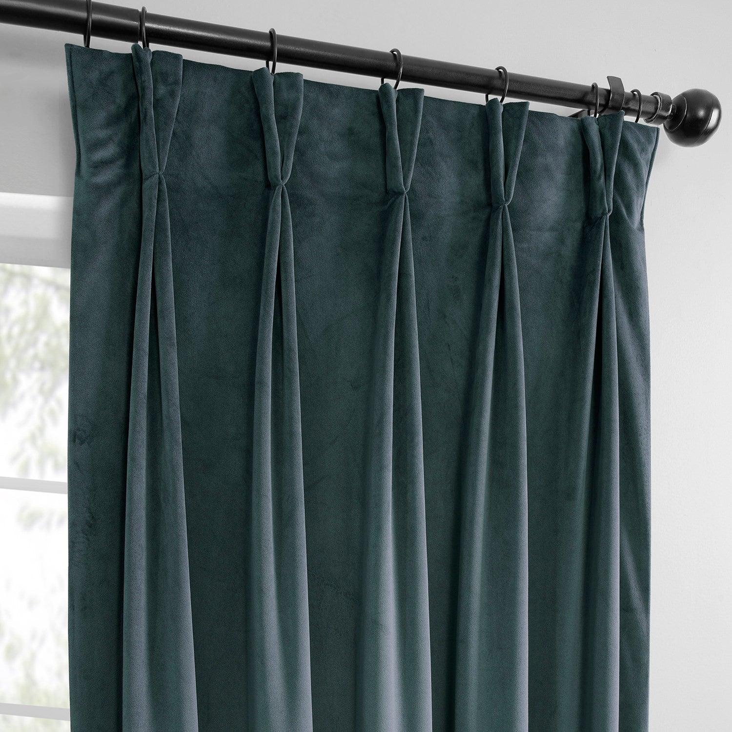 Premium London Blue French Pleat Heritage Plush Velvet Blackout Curtains - Thermal Insulated Room Darkening Drapes for Bedroom, Living Room & Home Theater