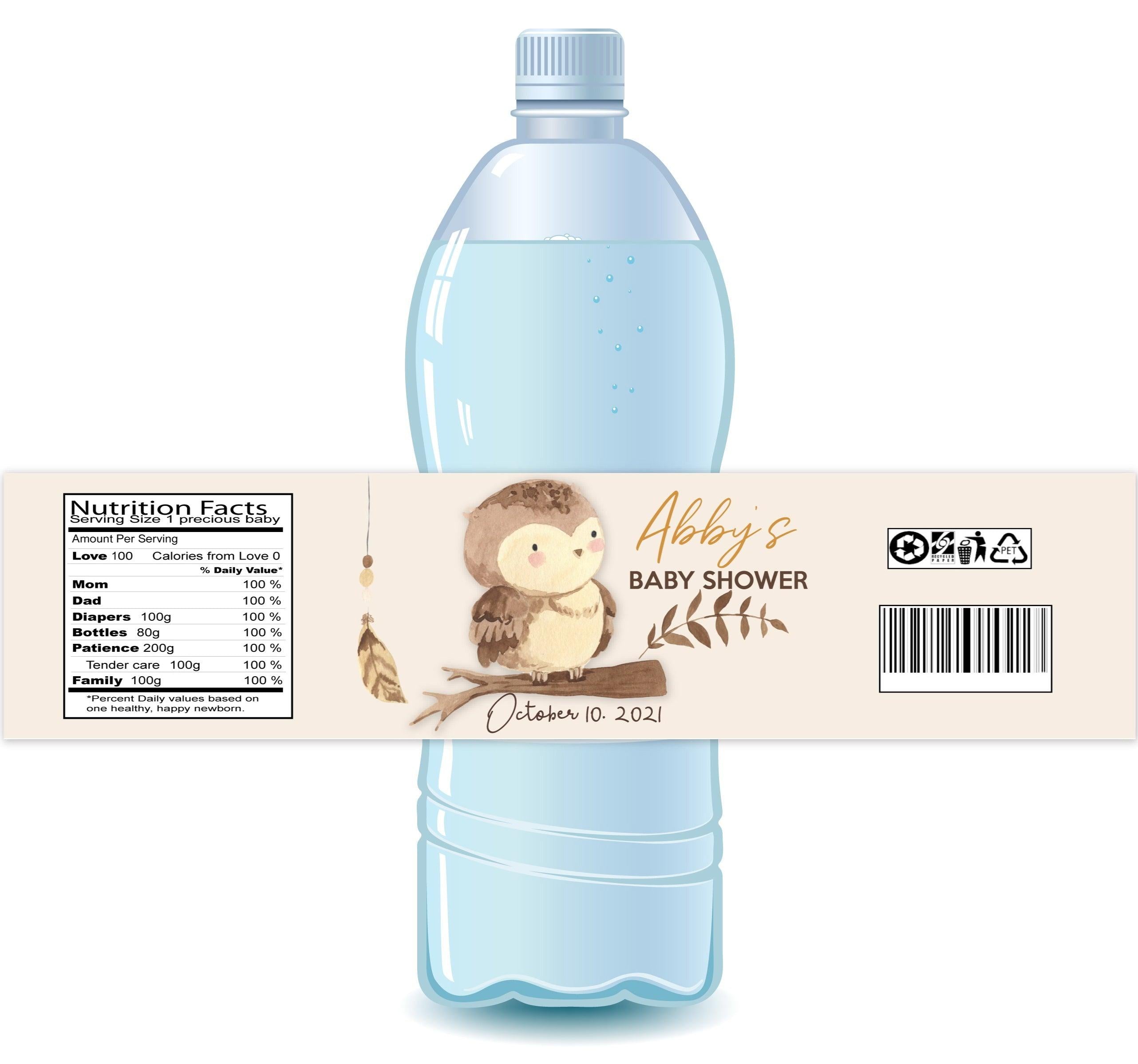 Boho Owlet Baby Shower Water Bottle Labels - 50 Pack, Customizable, Waterproof, Perfect for Baby Showers, Gender Reveals & Birthday Parties - Great for Decorations, Favors & Party Supplies
