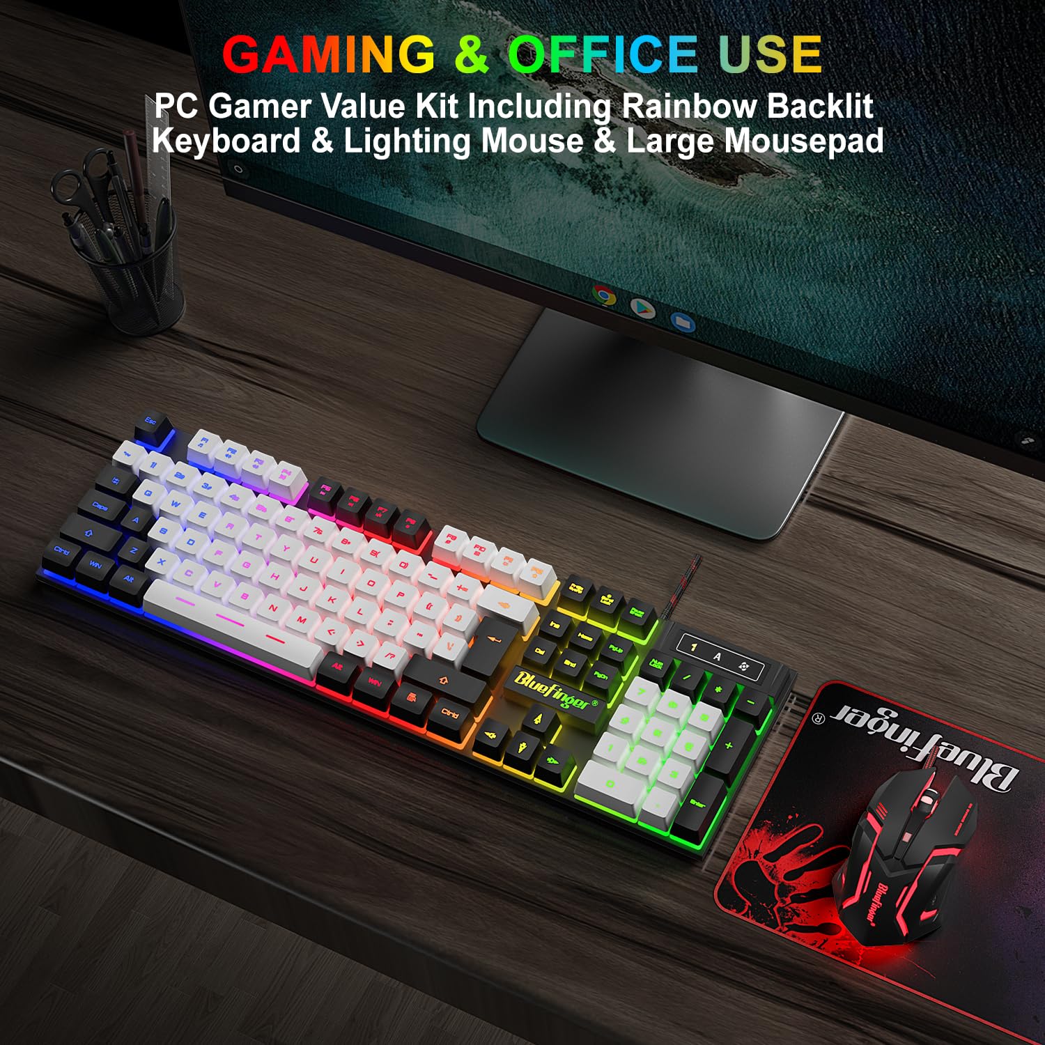 BlueFinger RGB Gaming Keyboard and Mouse Combo - Wired USB Backlit Mechanical Keyboard with Ergonomic Gaming Mouse for PC, Laptop - Perfect for Gaming, Work, and Office Use (Black & White)