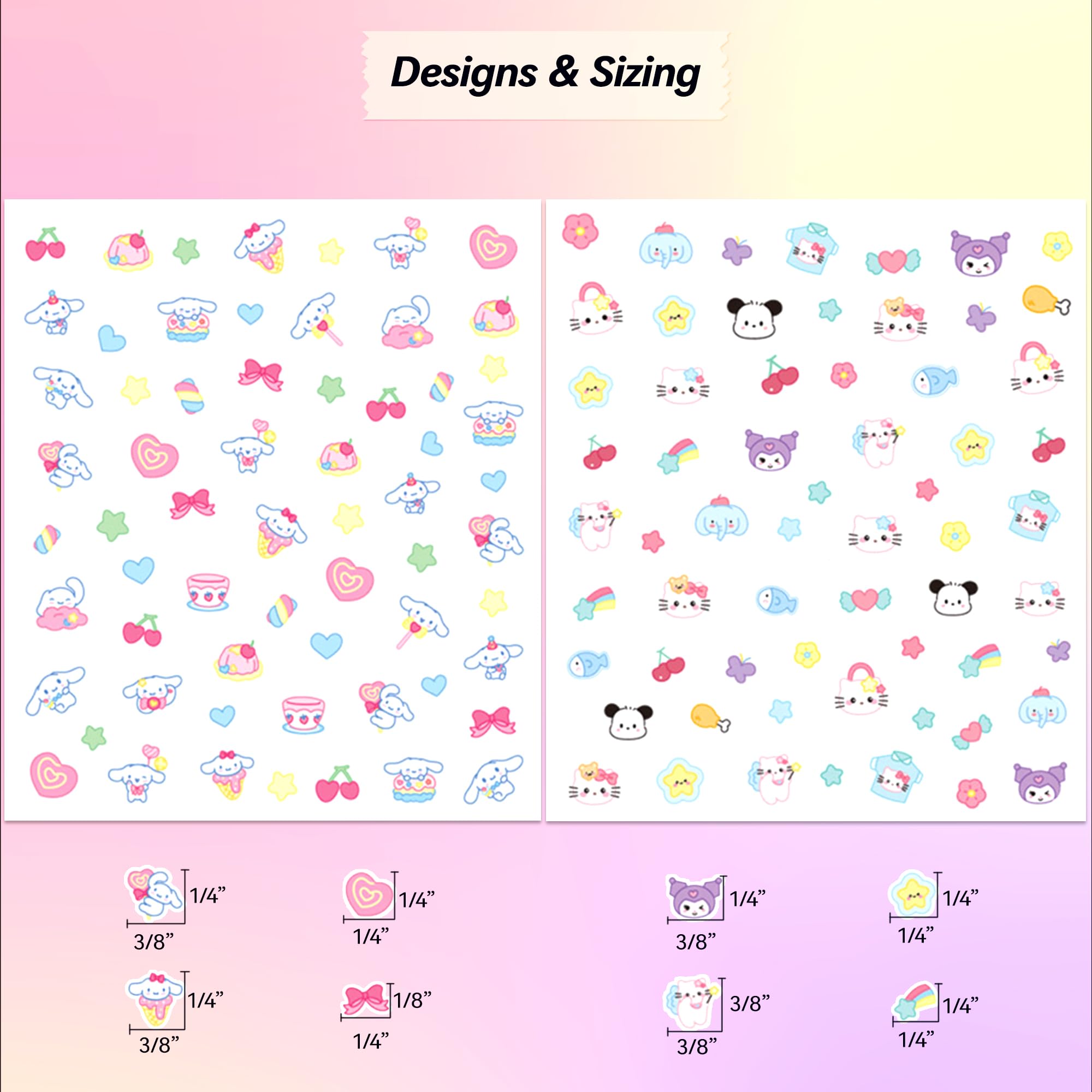 4 Sheets of 3D Nail Stickers - 274 Cute Nail Art Decals for Kids | Embossed Kawaii Nail Stickers with Stars, Hearts, Bunny, Pink Bear, Puppy & Cats | Glow in The Dark Nail Stickers for Girls' Birthday Parties & Sleepovers