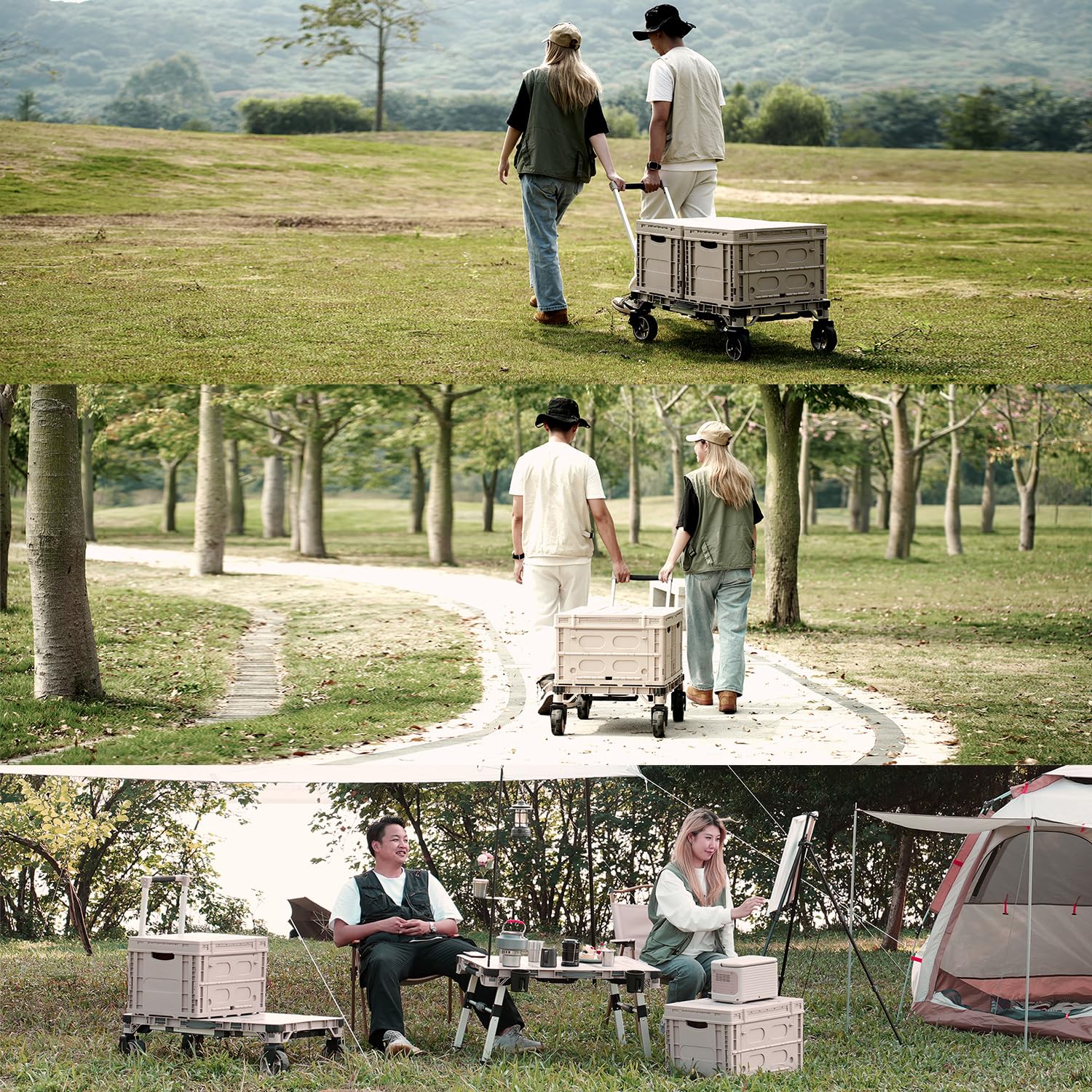 3-in-1 Folding Camping Wagon with Swivel Wheels - Portable Utility Cart for Outdoor, Picnic, Shopping & Travel | Multi-Purpose Platform Truck with 2 Crates | Perfect for Camping Trips, Beach Days & Grocery Hauling