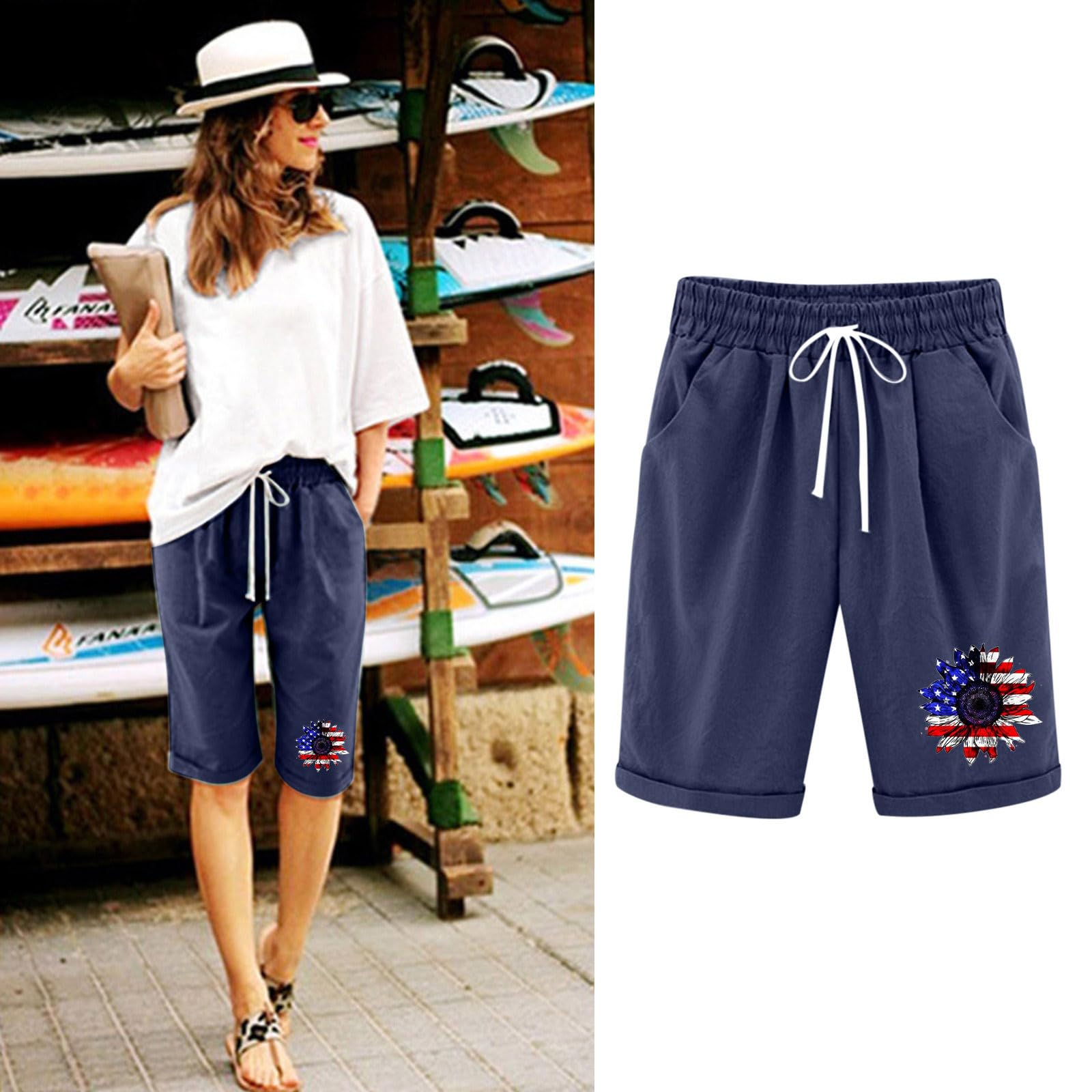 USA Flag Print Women's 4th July Shorts - Casual Elastic Waist Summer Shorts for BBQ & Beach
