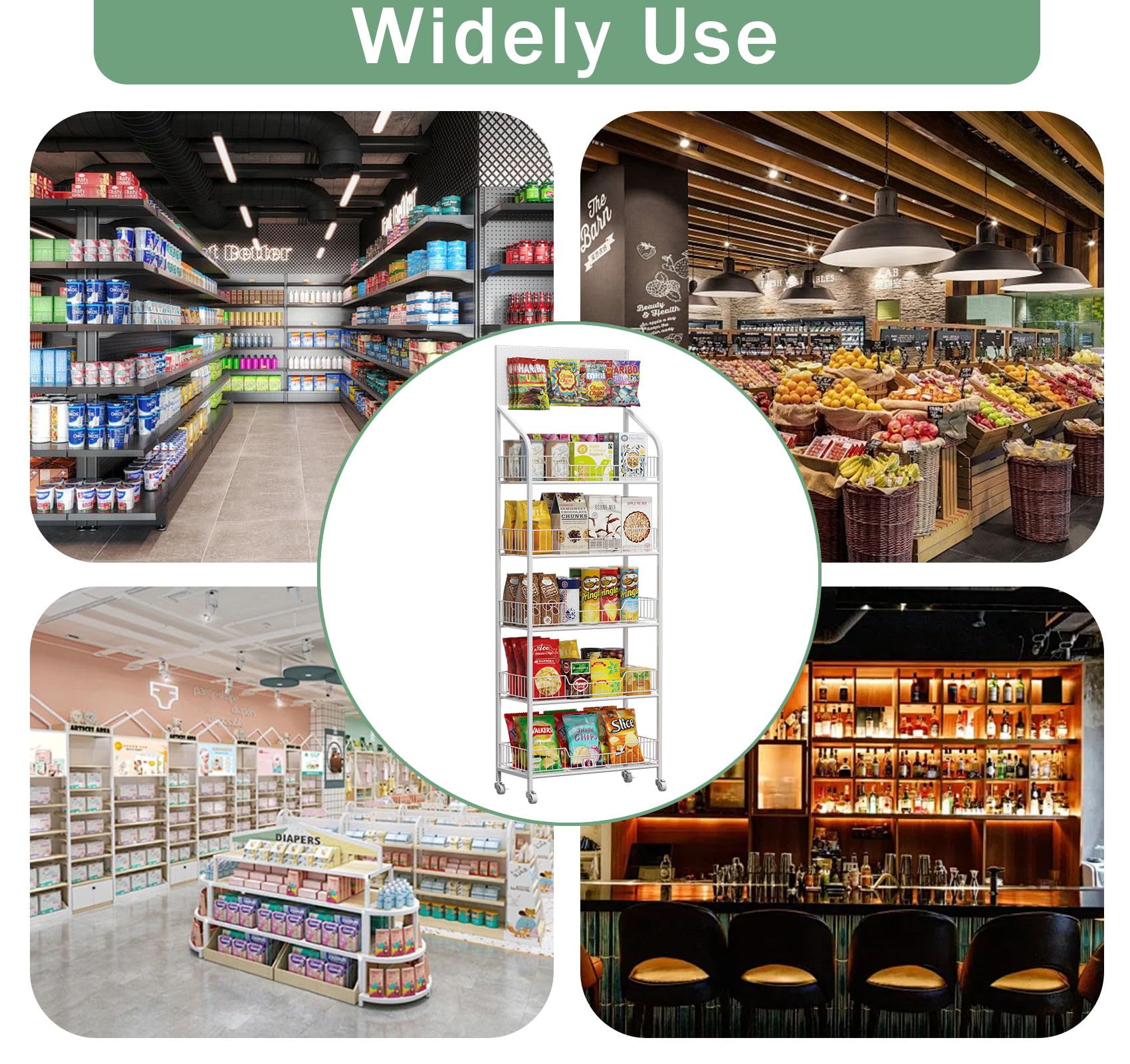 5-Tier Metal Wire Snack Display Stand with Wheels & Hooks - Heavy Duty Candy, Potato Chip & Concession Organizer Rack - Perfect for Retail Stores, Supermarkets & Convenience Stores