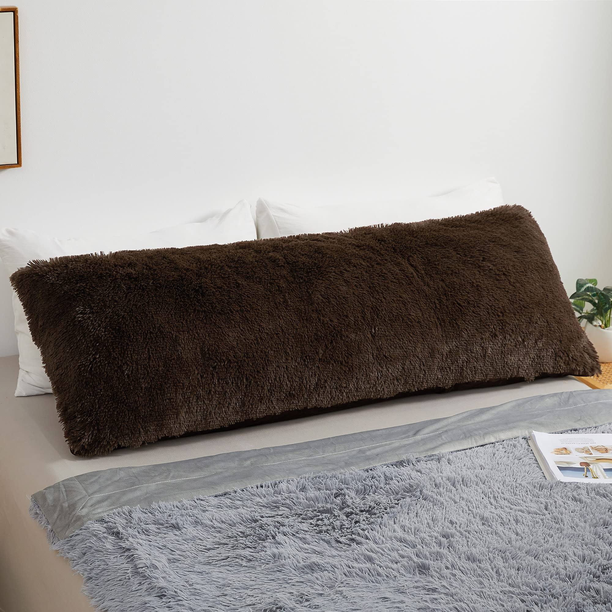 MEGO Shaggy Plush Body Pillow Cover 20x54 Inches - Soft Faux Fur Fluffy Pillowcase with Zipper - Boho Fuzzy Full Body Pillow Sham for Bed, Couch, Living Room - Cozy Home Decor & Nap Companion (Brown)