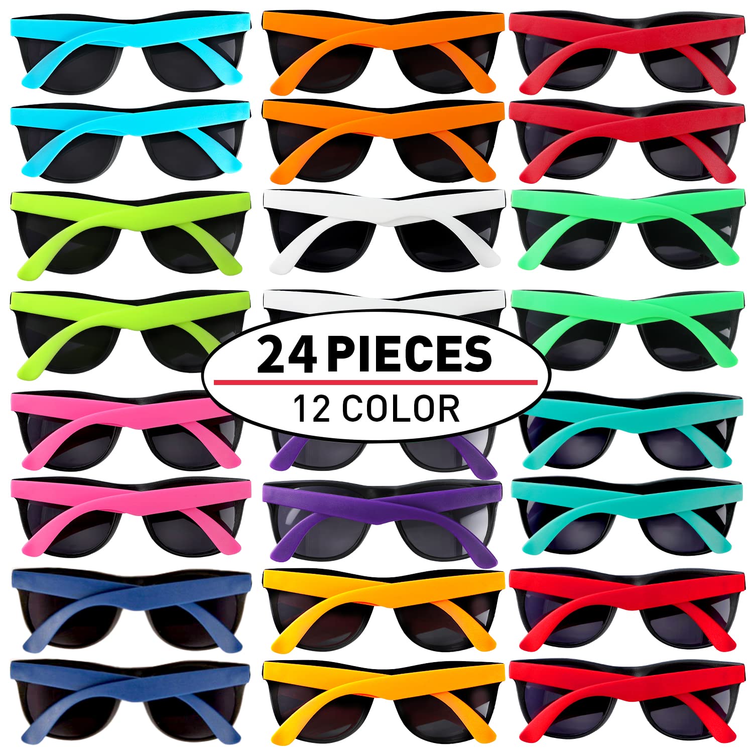 24 Pack 12 Colors Retro Neon Party Sunglasses with UV Protection - 80s Style Colorful Plastic Sunglasses for Pool, Beach & Summer Parties - Bulk Fun Favors for Boys, Girls, Teens & Adults - Perfect for Goody Bags, Music Festivals & Themed Events