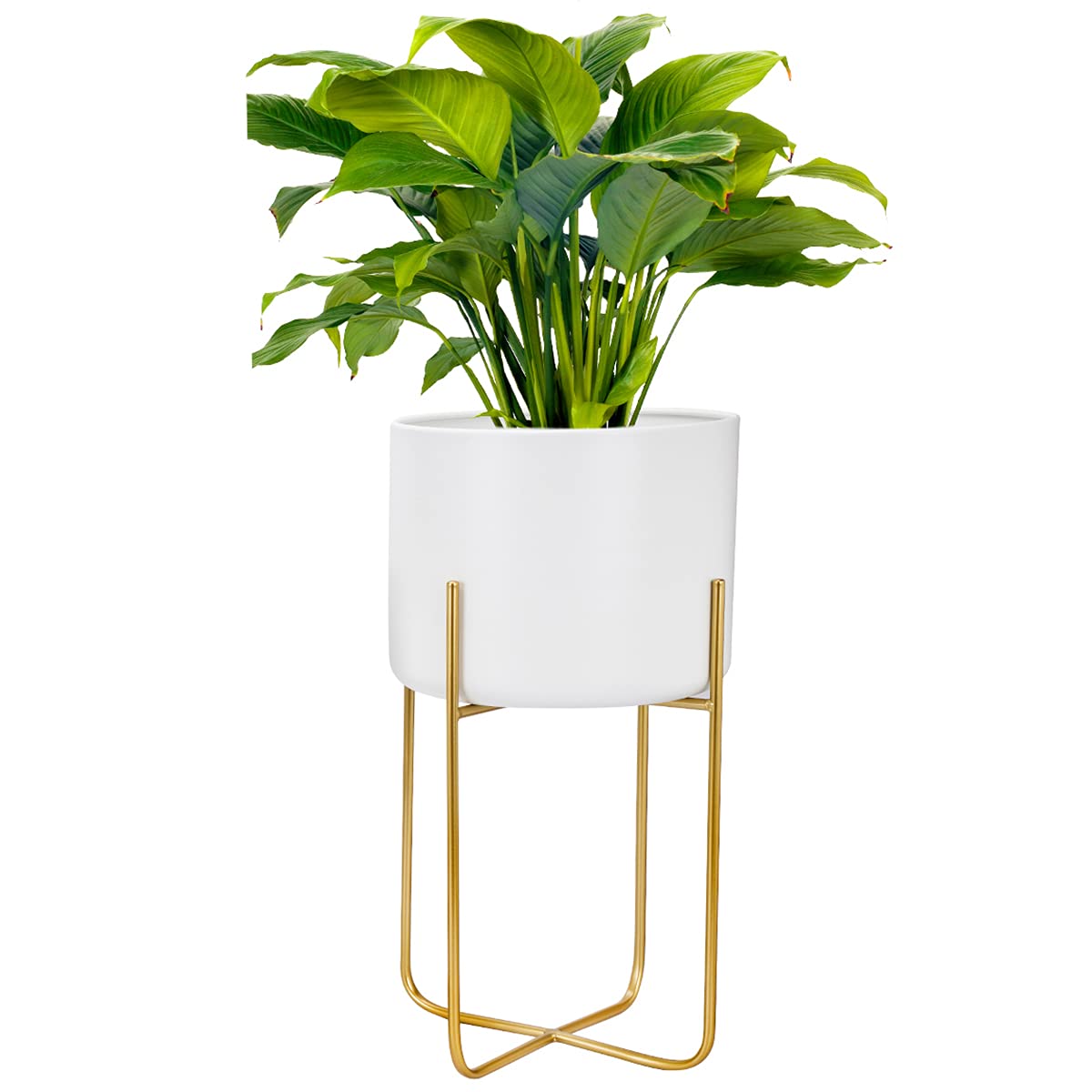 Angchun 12 Inch Large Metal Plant Pot with Stand - Mid Century Modern White Cylinder Flower Planter with Golden Holder for Indoor Outdoor House Plants | Perfect for Living Room, Patio, Garden & Office Decor