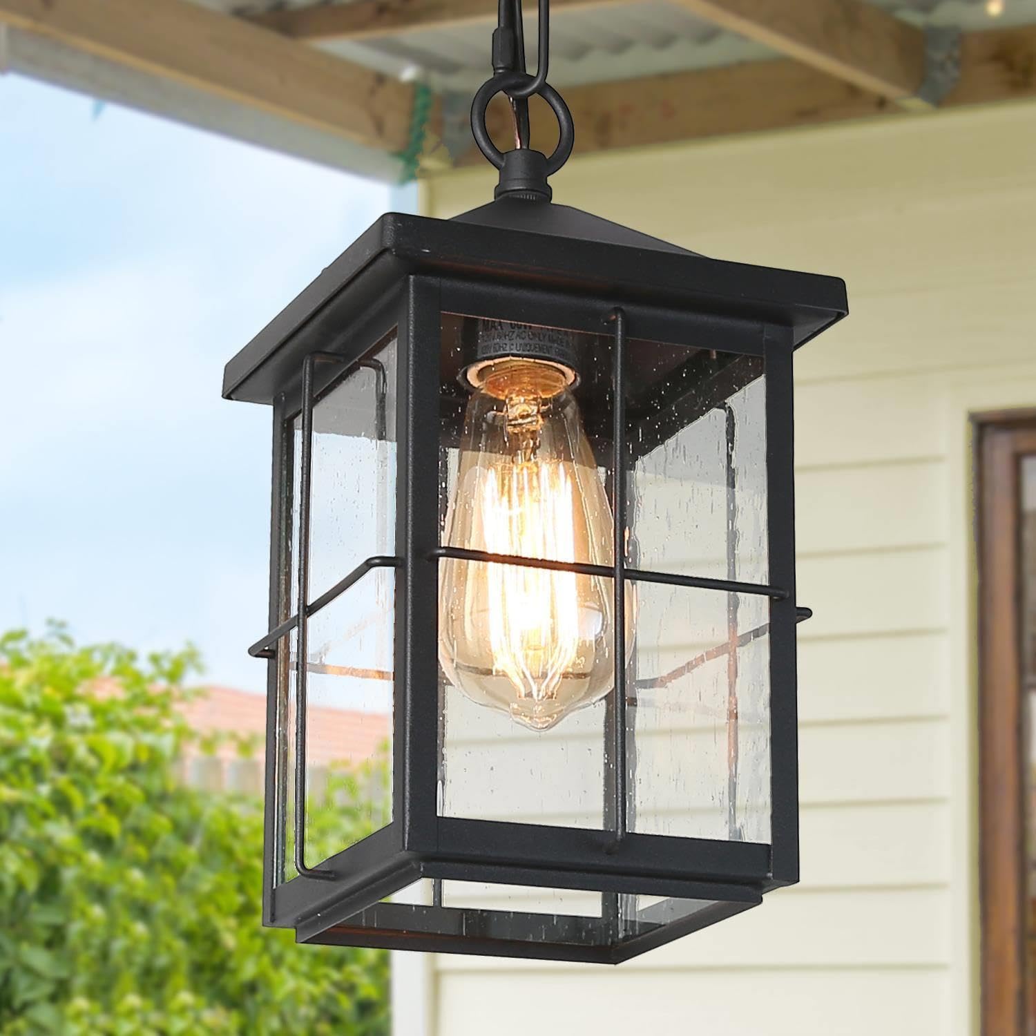 Black Adjustable Farmhouse Outdoor Pendant Light - Square Hanging Lantern with Seeded Glass & Chain for Front Door, Porch, Gazebo - Weatherproof Exterior Lighting for Patio, Garden & Entryway