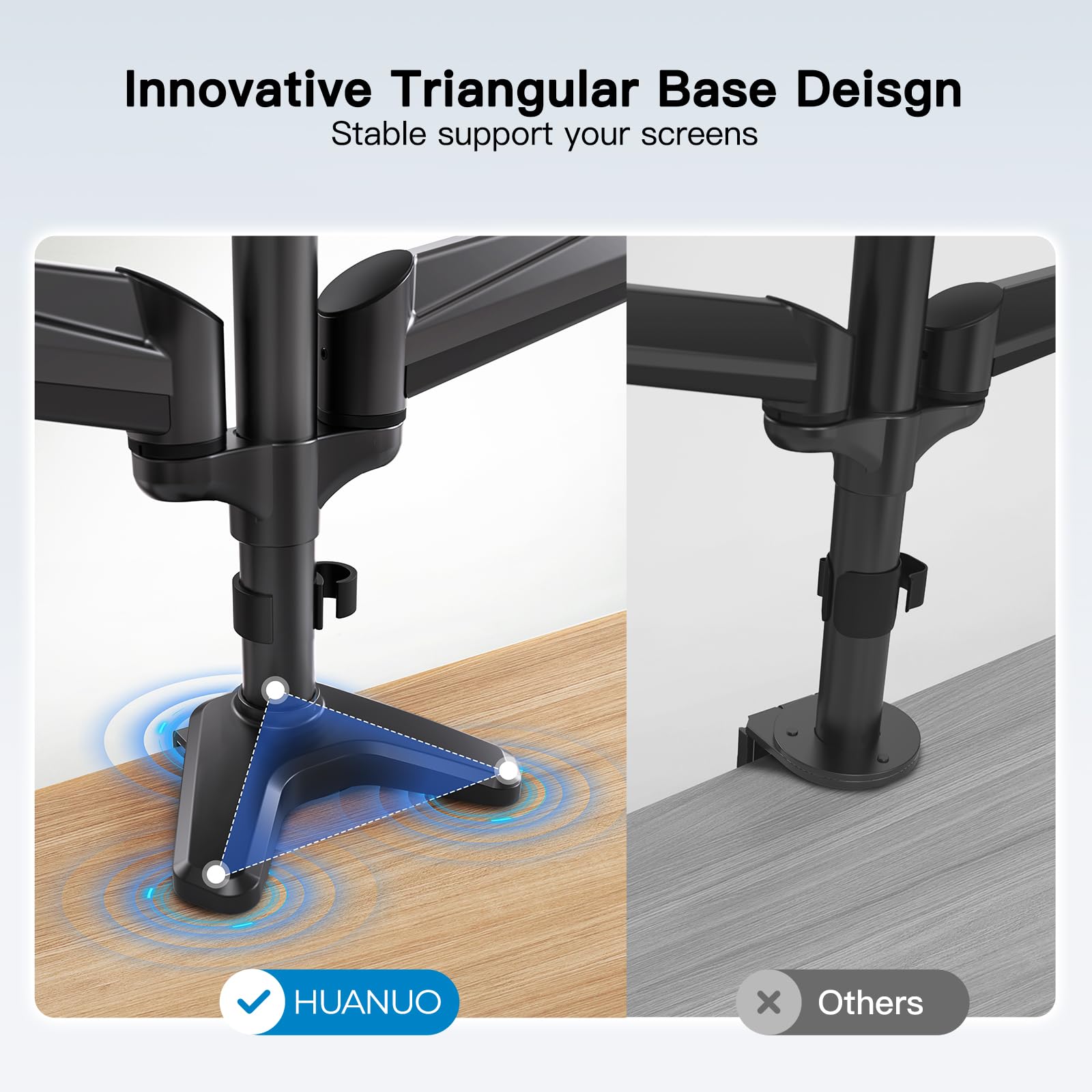 HUANUO Triple Monitor Stand for 17-32 Inch Screens - Adjustable Gas Spring Arm with Swivel, Tilt & Rotation - Heavy Duty Clamp & Grommet Mounting Kit (Black) - Perfect for Gaming, Office & Home Workstations