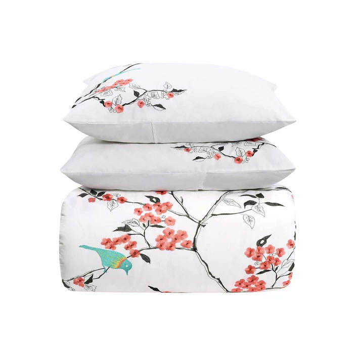 Premium Cotton Cherry Blossom Floral Embroidered Duvet Cover Set - Soft Bedding for Spring & Summer - Perfect for Master Bedroom, Guest Room & Dorm Decor
