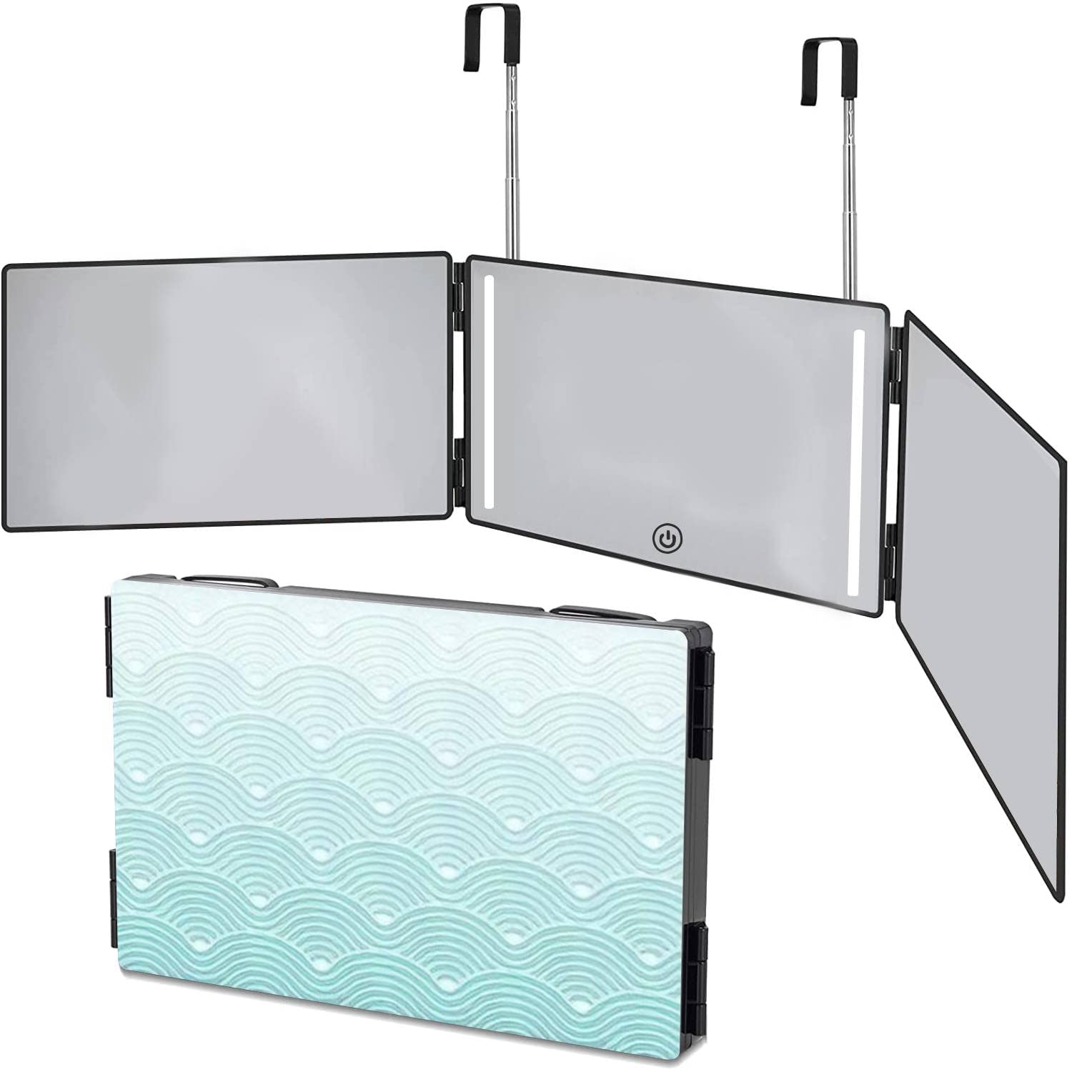 3-Way LED Self Hairdressing Mirror with Adjustable Lights - 360° Trifold Geometric Design for Hair Cutting, Barber & Makeup (Riptide Blue Gradient) | Perfect for Home Salon, Professional Styling & DIY Hair Care