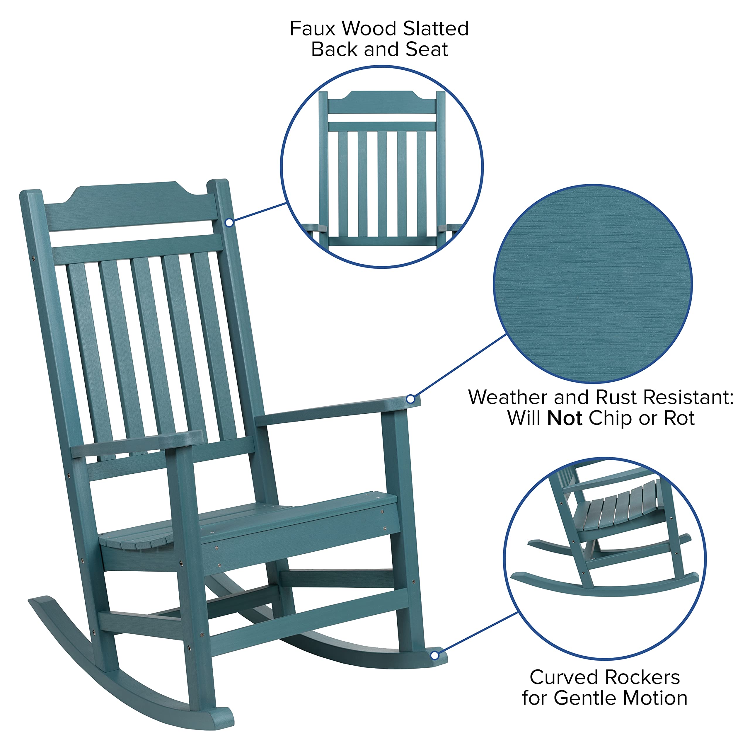 Merrick Lane Hillford All-Weather Rocking Chair - Teal Poly Resin Patio Rocker for Indoor & Outdoor Use - Perfect for Porch, Deck, Garden and Living Room Relaxation