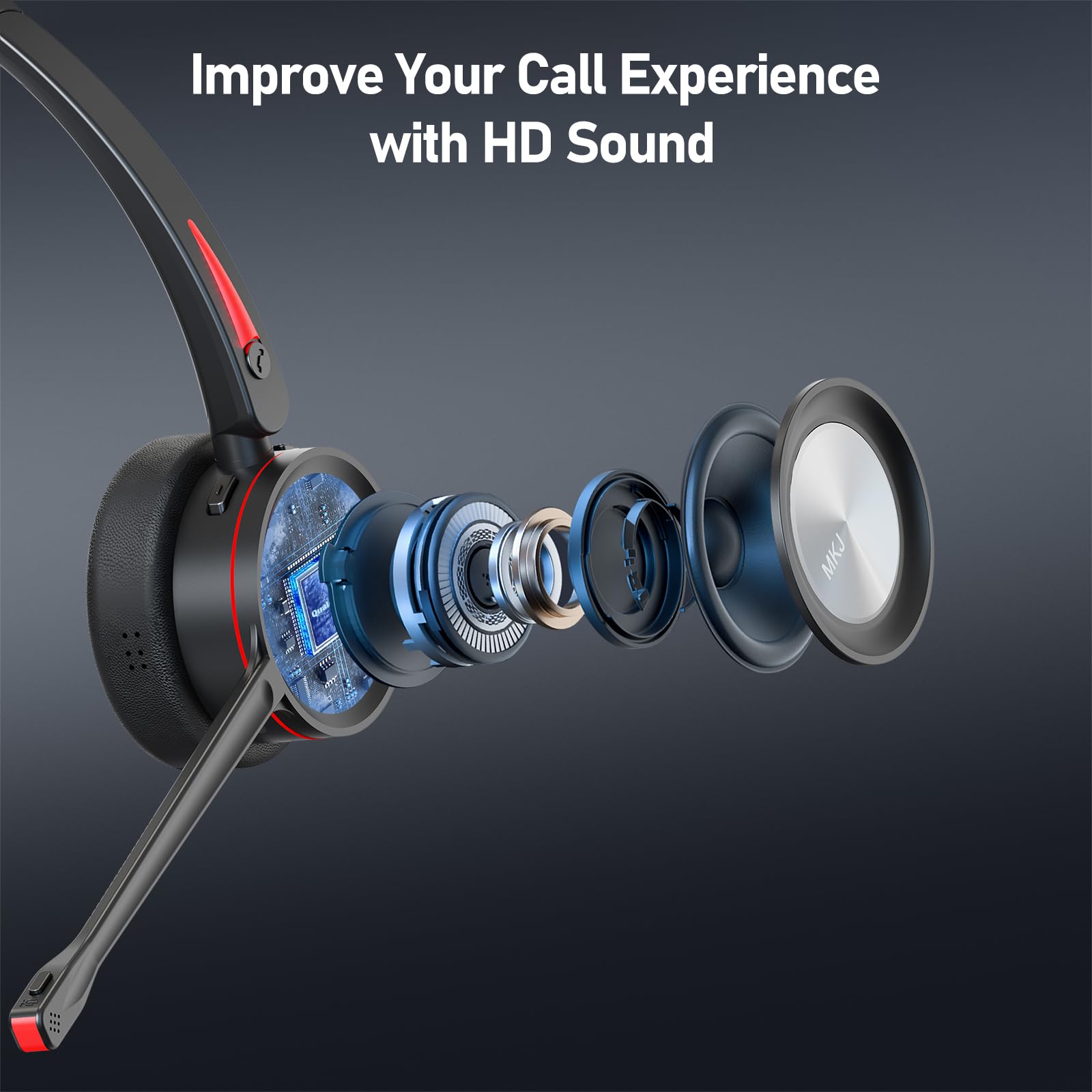 MKJ Wireless Noise Canceling Headset with Microphone for PC - Bluetooth Headphones for Call Center, Office, Truck Drivers - Compatible with Computer, Laptop, Cell Phone, Skype, Zoom, Webex - Perfect for Remote Work, Online Meetings & Gaming
