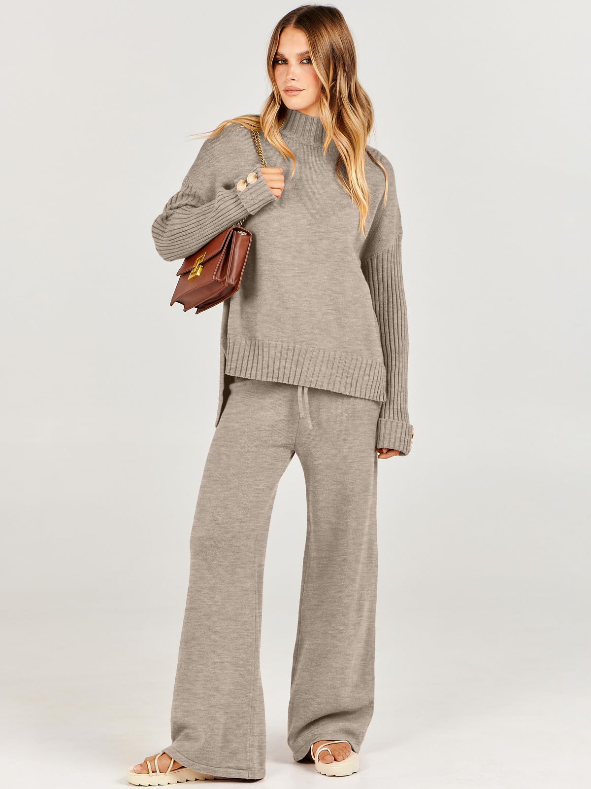 Caracilia Women's 2-Piece Sweater Set - Knit Pullover & Wide Leg Pants Lounge Matching Outfit | 2024 Fall Fashion Travel Clothes | Cozy Homewear, Office Casual & Vacation Outfits