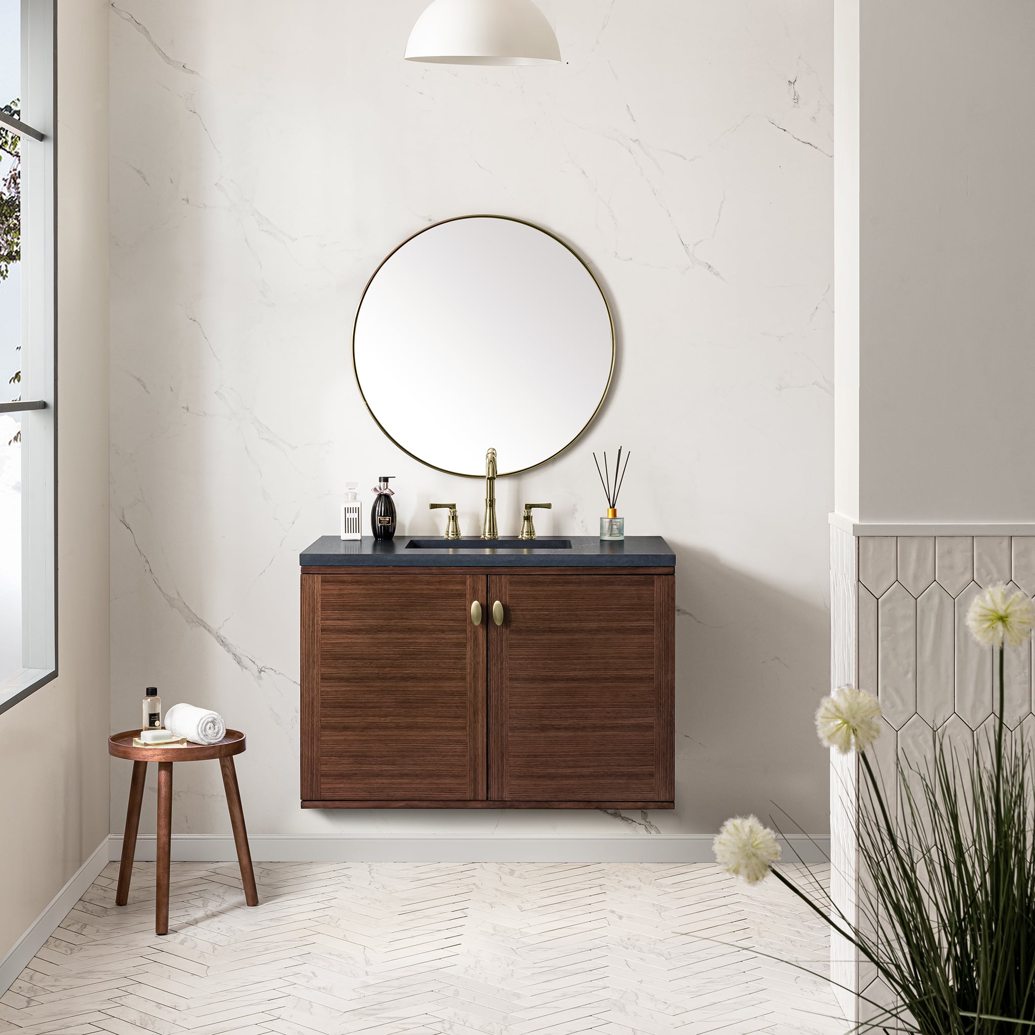 Amberly 36 Inch Single Bathroom Vanity - Mid Century Modern Walnut Wood with 3CM Charcoal Soapstone Countertop | Perfect for Small Bathrooms & Powder Rooms