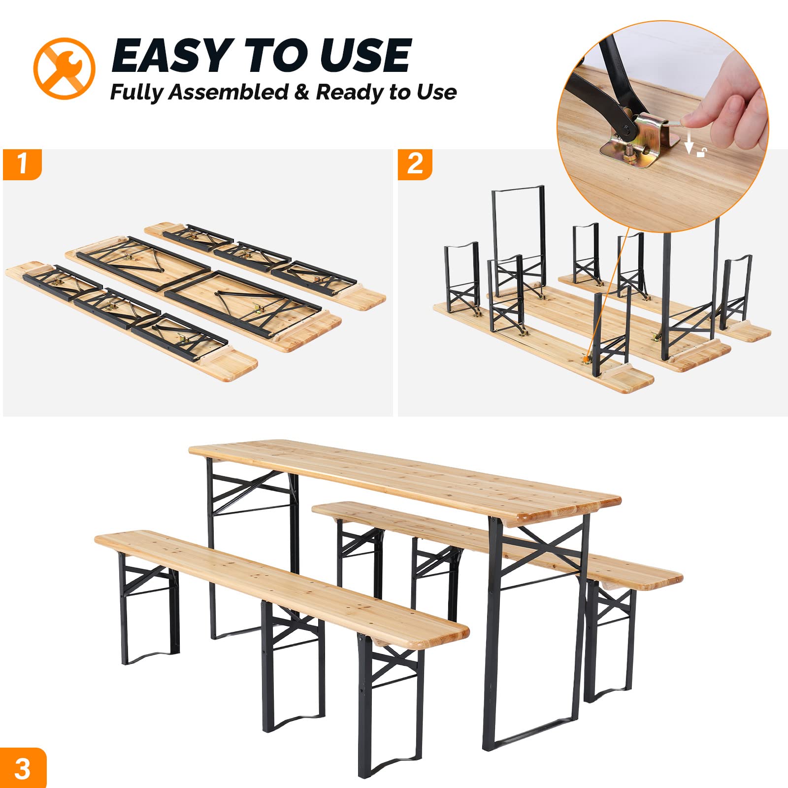 VINGLI 70 Inch Folding Picnic Table with Benches Set - Weather-Resistant Wooden Outdoor Dining Table, 3-Piece Portable Camping BBQ Table with Carry Handles - Perfect for Backyard, Garden, Patio, and Outdoor Gatherings