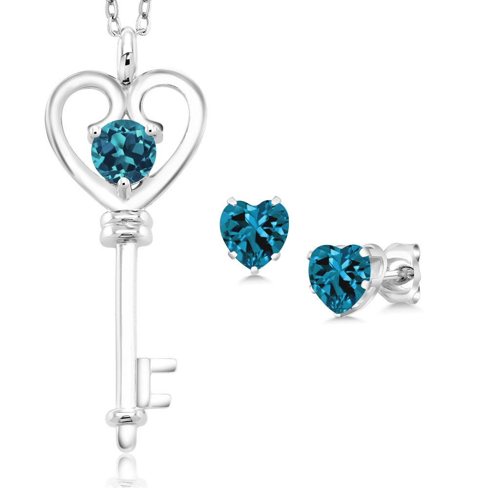 1.60 Ct Round London Blue Topaz Sterling Silver Key Pendant & Earrings Set | Gem Stone King | 925 Silver Jewelry for Women | Perfect Gift for Birthday, Anniversary & Special Occasions