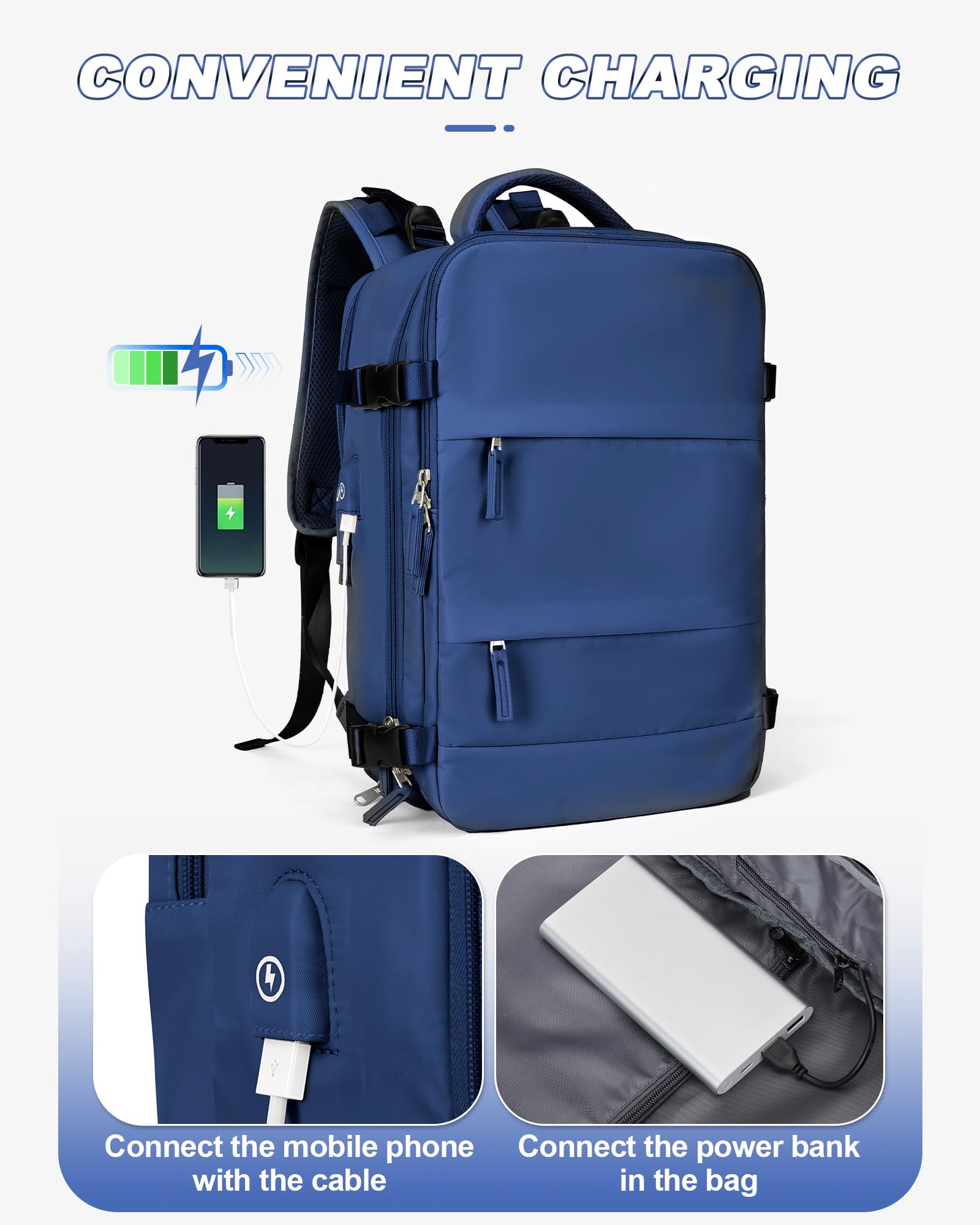 Men's Travel Backpack - Airplane Carry On Backpack for Women & Men, Lightweight Durable Traveling Backpack with USB Charging Port - Perfect for Business Trips, Hiking & Airplane Travel (Navy Blue)