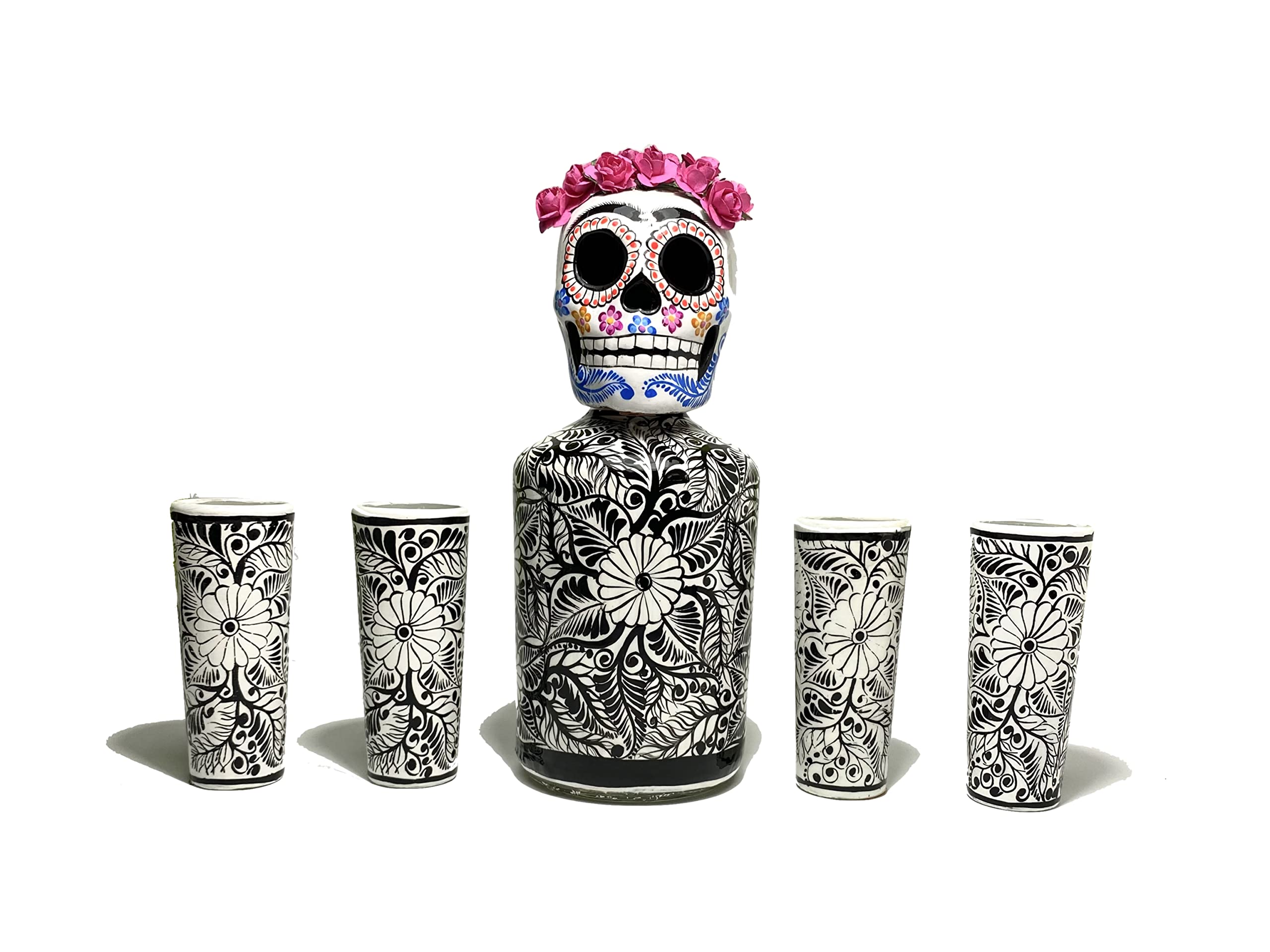 Hand-Painted Personalized Tequila Decanter Set with Shot Glasses & Mexican Sombrero - Unique Skull Liquor Decanter for Bar Decor, Frida Kahlo Themed Gift for Tequila Lovers | Perfect for Cinco de Mayo, Housewarming & Mexican-Themed Parties