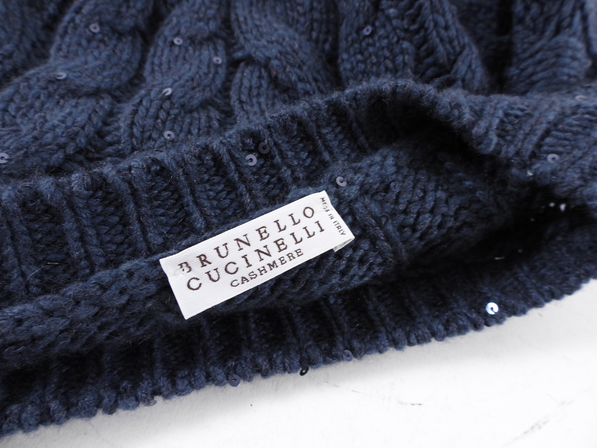 Brunello Cucinelli Navy Blue Sequin Cashmere Cable Knit Sweater for Women - Luxurious Winter Pullover for Holiday Parties & Evening Events