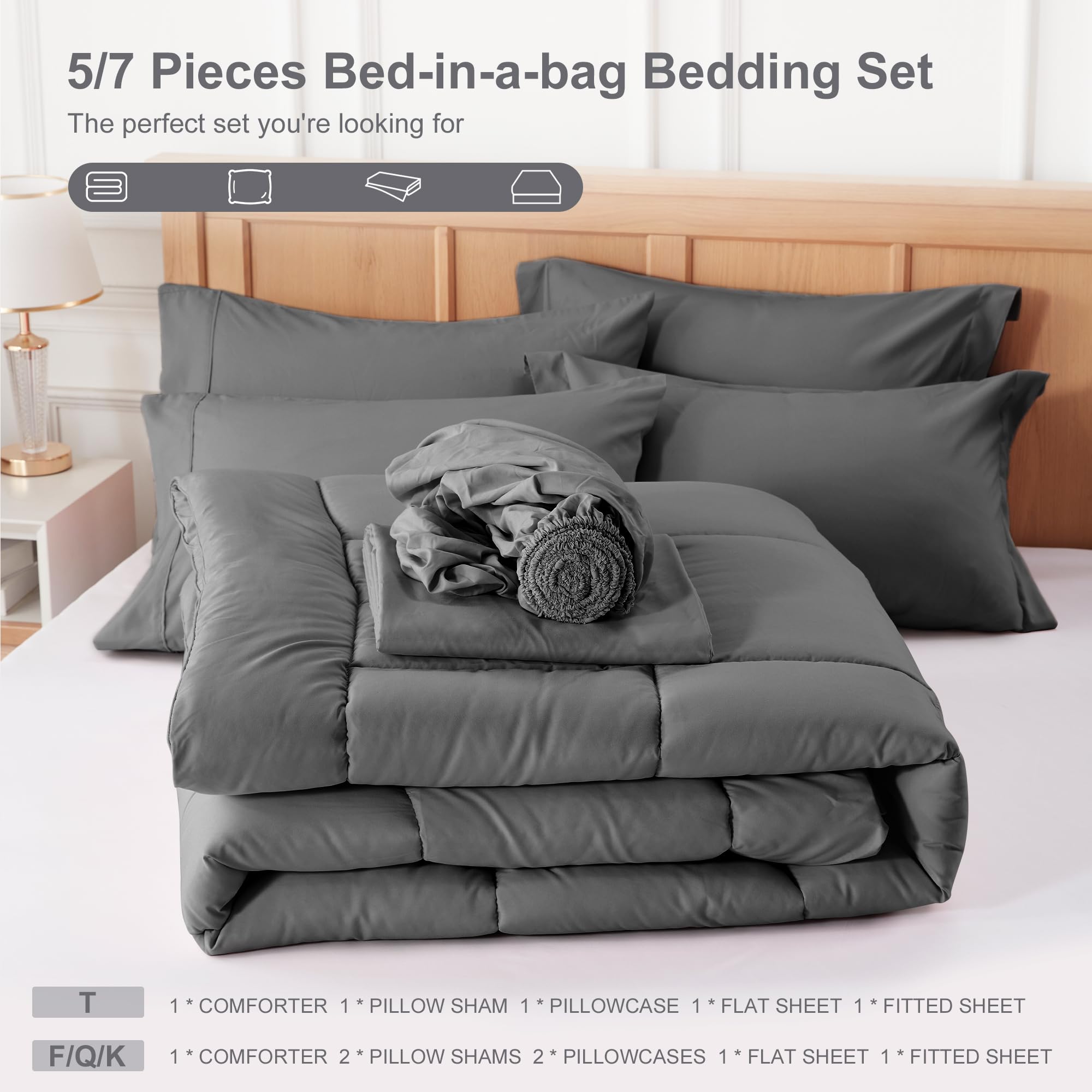 Newspin 5-Piece Twin Bed in a Bag Comforter Set - Dark Grey All Season Ultra Soft Bedding (Comforter, Flat Sheet, Fitted Sheet, 2 Pillowcases) for Kids, Teens & Guest Rooms | Perfect for Dorm, Apartment & Cozy Home Decor