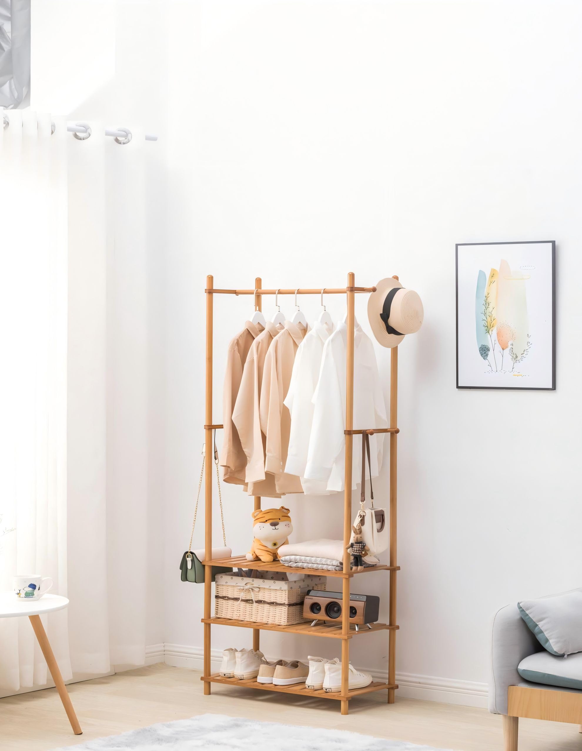 JKVPVANT 5-Tier Wooden Coat Rack with Shelves - Freestanding Clothes Hanger Organizer for Jackets, Hats, Umbrellas & Pants - Space-Saving Entryway & Bedroom Storage Solution (Natural Wood) - Perfect for Small Apartments, Dorm Rooms & Closet Organization