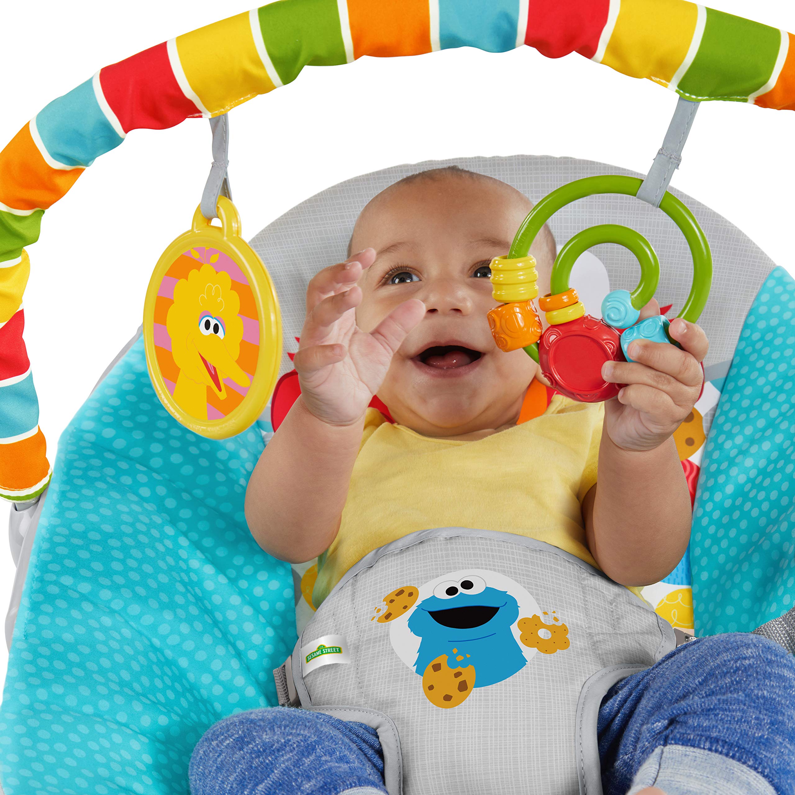 Bright Starts Sesame Street Baby Bouncer with Soothing Vibrations - Infant Seat for 0-6 Months (Up to 20 lbs) - Features Elmo, Cookie Monster & Big Bird - Removable Toy Bar - Perfect for Playtime, Naps & Soothing Fussy Babies