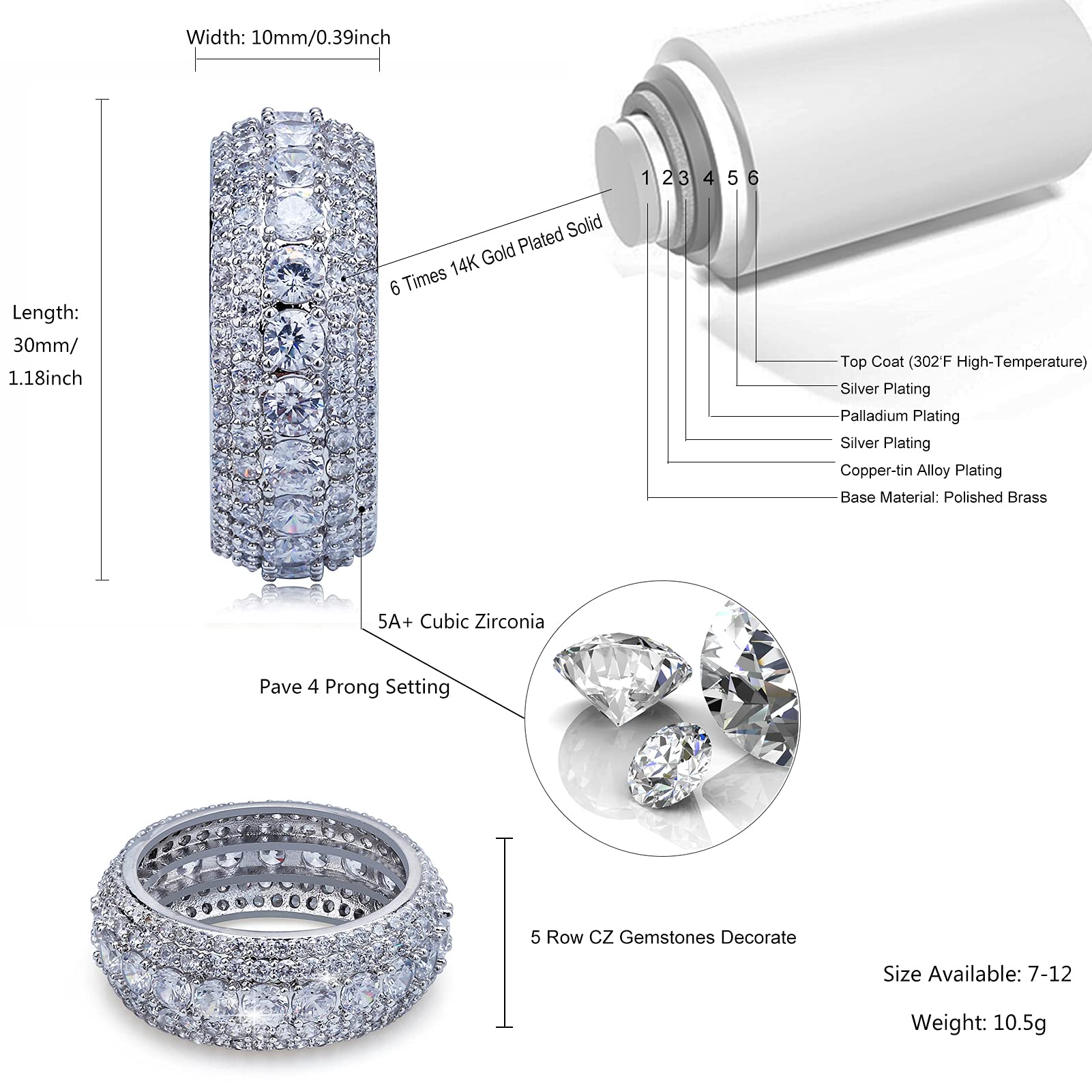 14K Gold Plated Men's Diamond Ring - 10MM Iced Out CZ Pinky Ring for Anniversary & Fashion Gifts