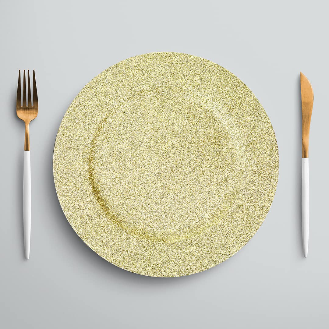 Koyal Wholesale 13-Inch Gold Glitter Acrylic Charger Plates - Bulk Pack of 24 - Heavy Duty Disposable Dinner Plates for Weddings, Holidays, Parties & Special Events - Elegant Table Setting for Formal Dinners, Buffets & Catering