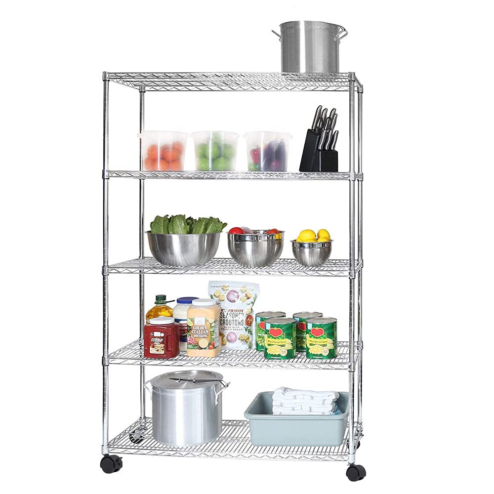 5-Tier Adjustable Wire Shelving Unit with Wheels - Heavy Duty Storage Rack for Laundry, Pantry, Closet, Kitchen & Garage (35.43