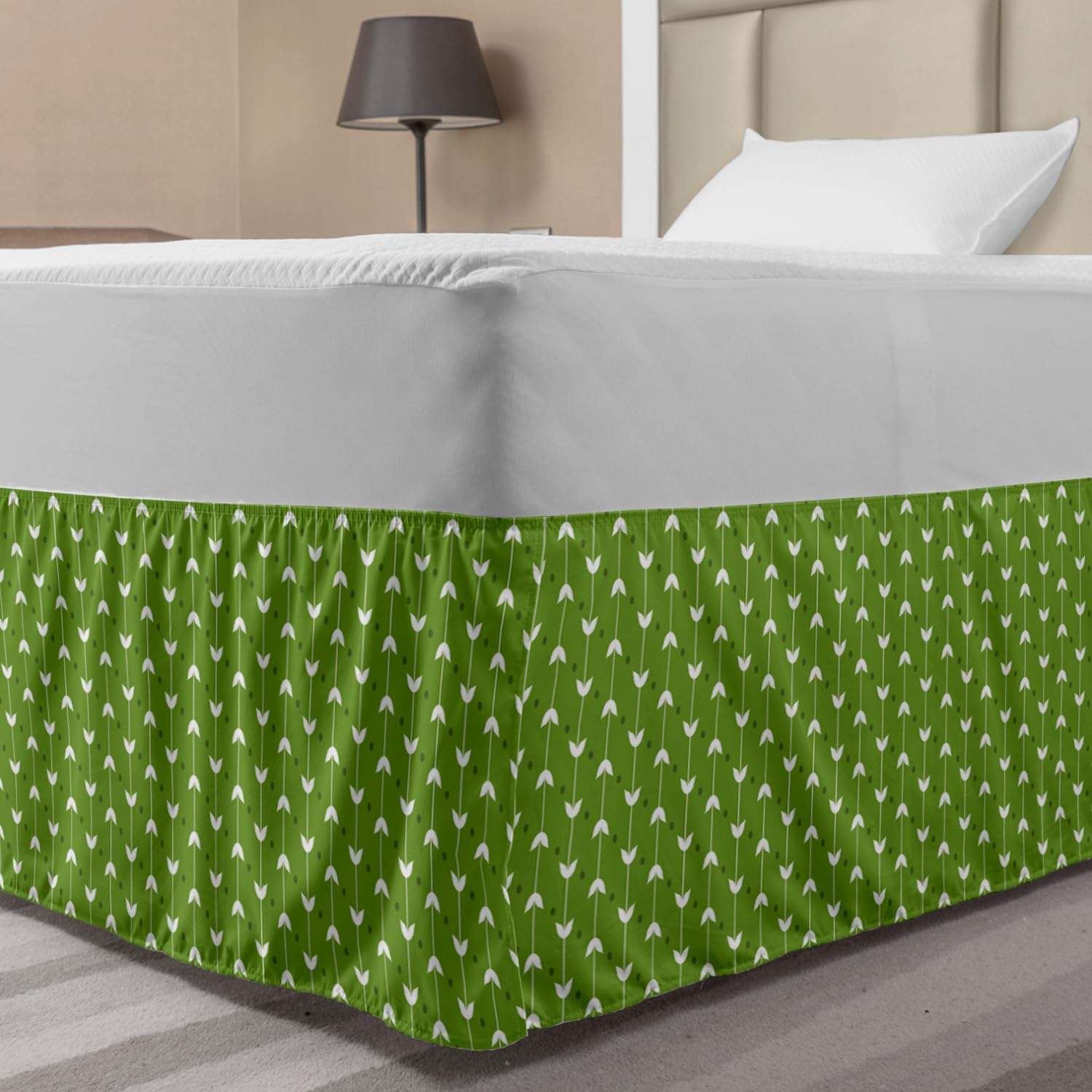 Ambesonne Floral Elastic Bed Skirt - Full Size Lime Green Wrap Around Dust Ruffle with Vertical Stripes, Leaves & Polka Dots Design | Perfect for Bedroom Decor, Guest Rooms & Home Staging