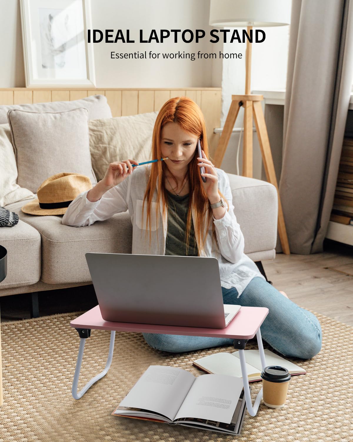 Foldable Lap Desk for Laptop & Tablet - Portable Lightweight Bed Tray for Breakfast, Reading & Work - Pink Sofa Couch Floor Desk for Home Office & Dorm Use