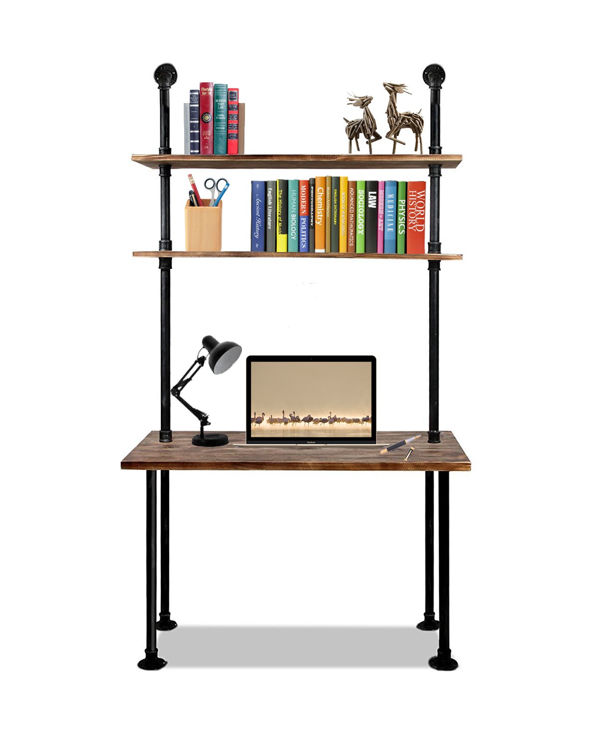 LOKKHAN 79-inch Solid Wood Industrial Laptop Desk with Wall Pipe Design & Shelves - Home Office Computer Table for Workstation, Gaming & Study (40-inch Length)