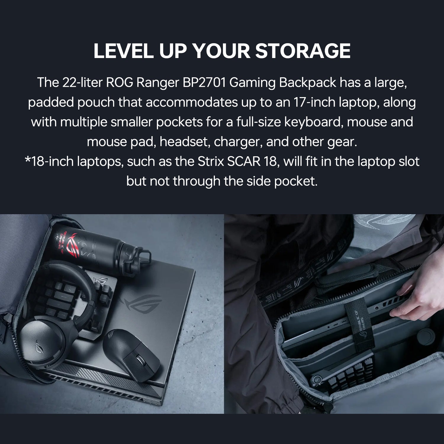 ASUS ROG RANGER BP2701 17.3 Inch Gaming Laptop Backpack with Luggage Strap - Water Resistant Travel Backpack for Gamers & Professionals - Perfect for School, Work, Travel & Esports Events