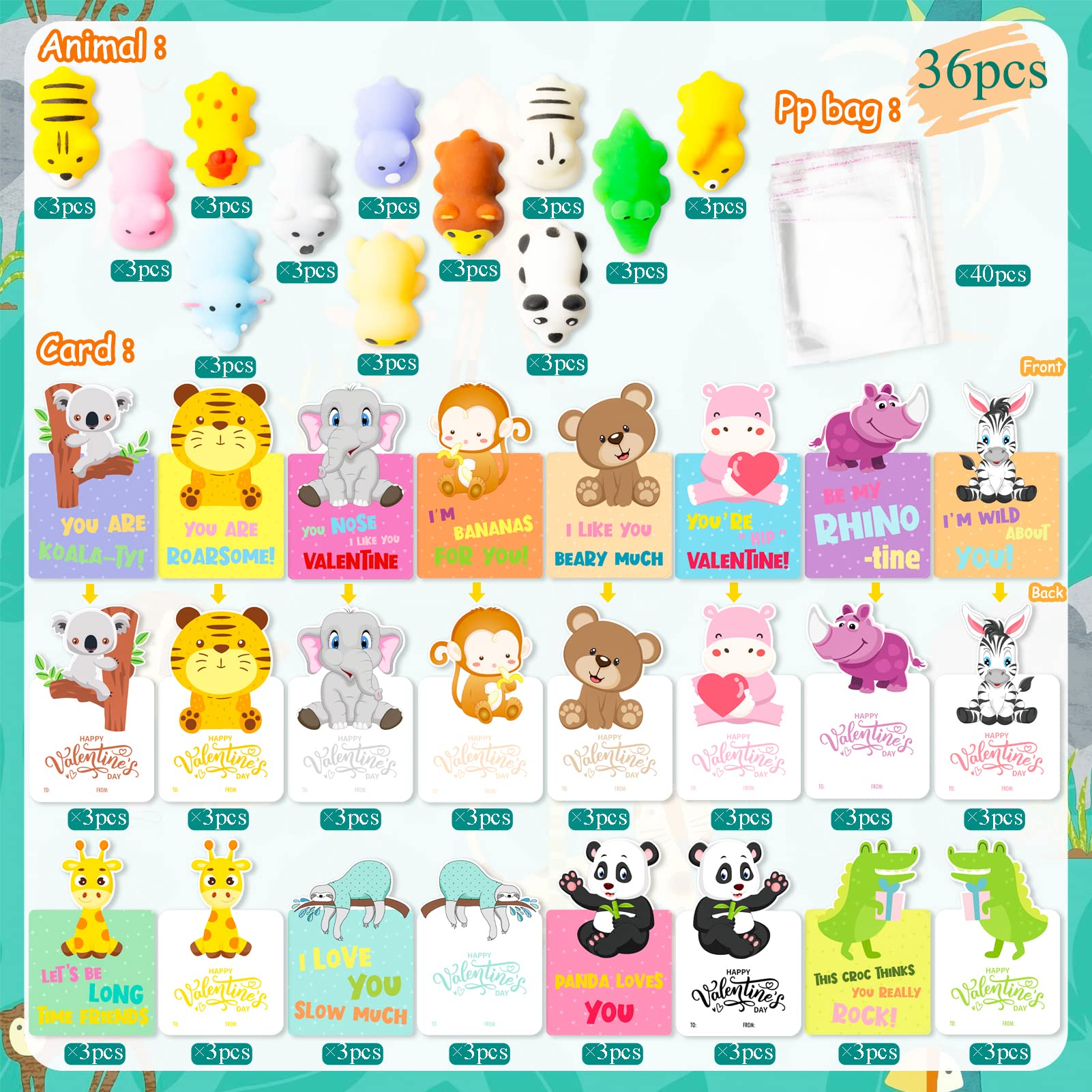 36Pcs Valentine's Day Cards with Cute Animal Mochi Squishy Toys - Perfect for Kids Classroom Exchange, School Party Favors & Valentine Gifts (Great for Classroom Activities, Birthday Parties & Holiday Celebrations)