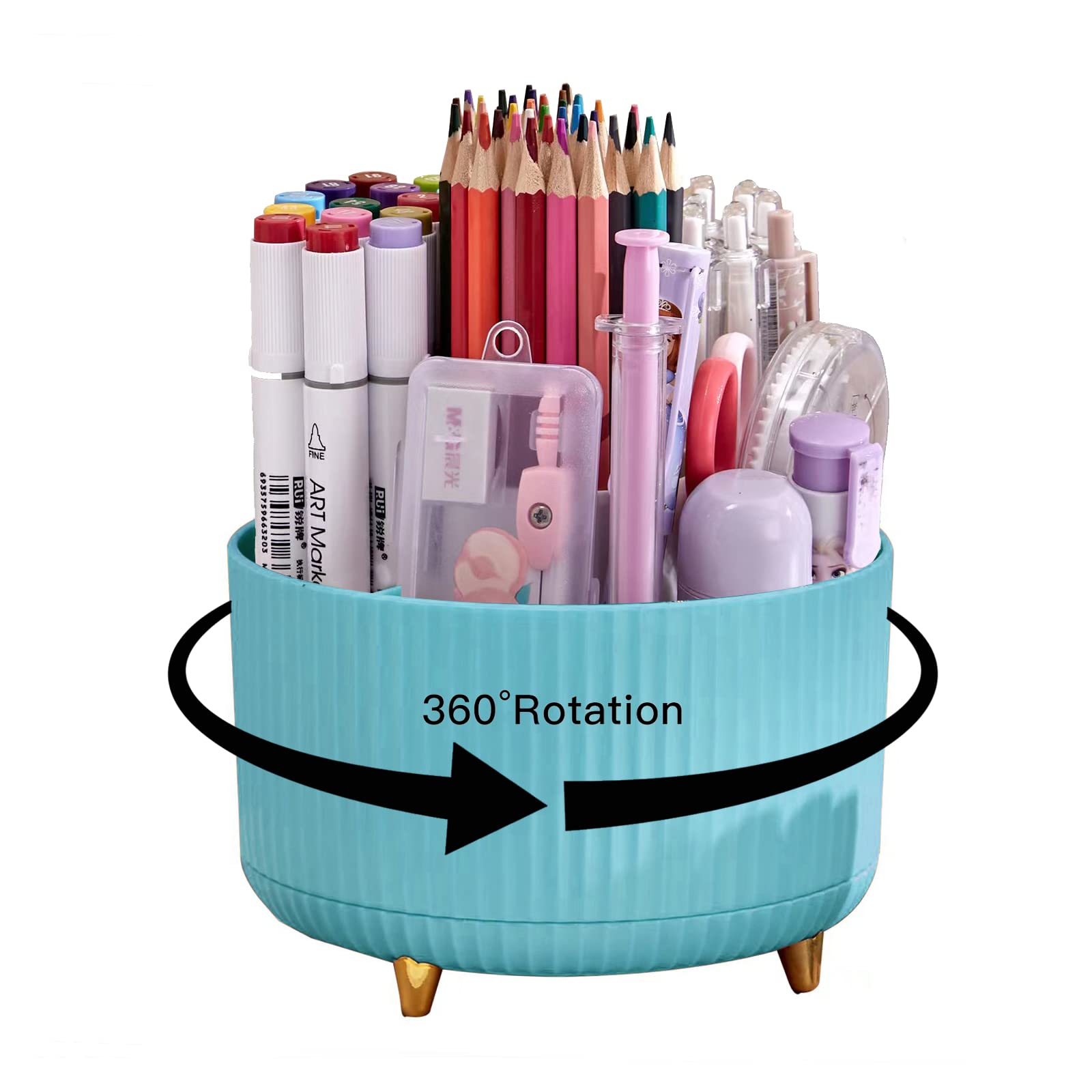 WNING 360° Rotating Pen Holder for Desk - 5 Slots Pencil Cup Organizer for Office, School & Home - Cute Blue Desk Accessory for Art Supplies & Stationery - Perfect for Study, Work & Crafting